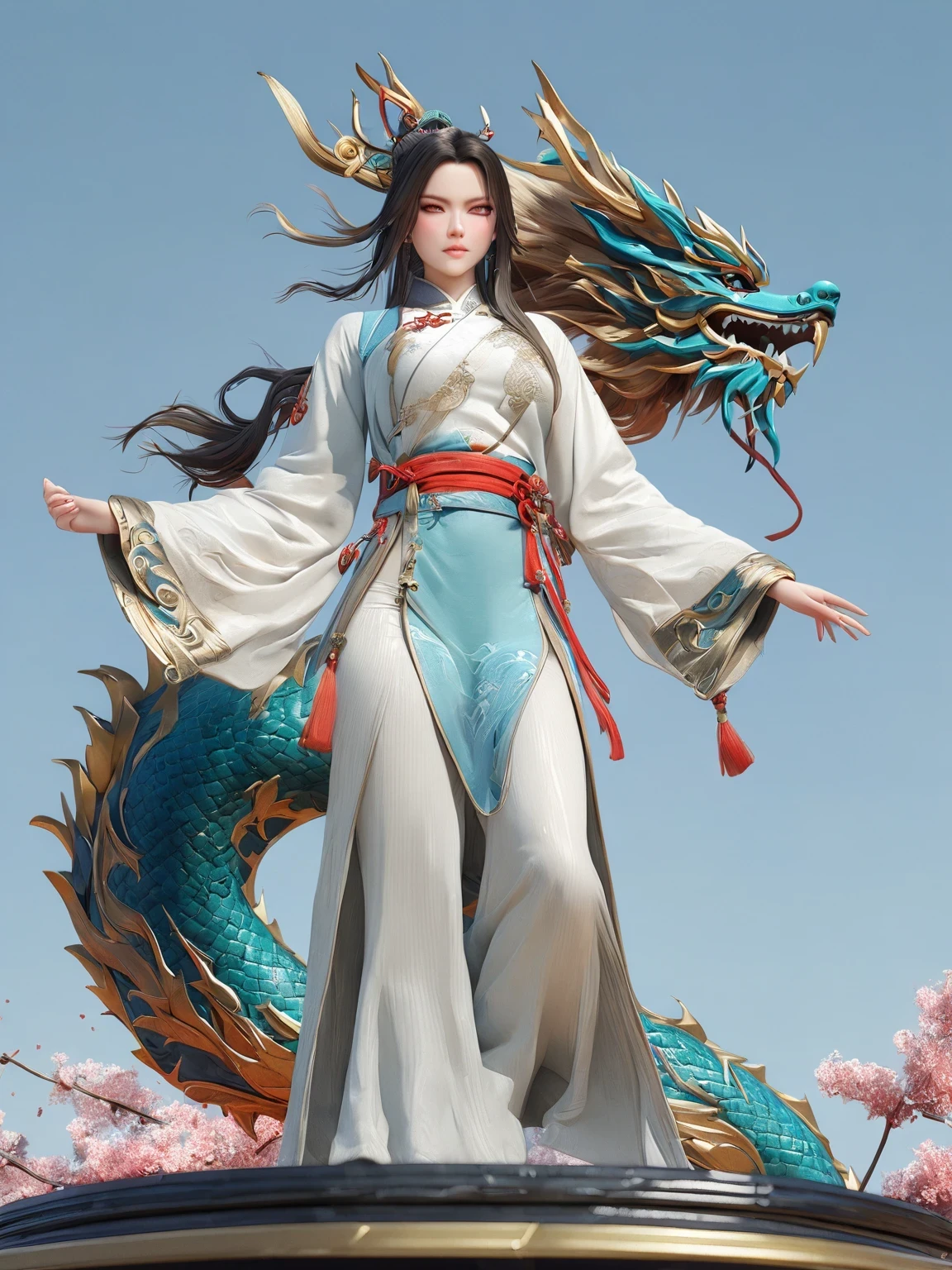 diy13，Highest quality, ultra-high definition, masterpieces, 8k, realistic, anime styled, 3d render，(costume design), dragon elements, Chinese style, full body close-up, flowers, white Hanfu, ink danqing, fantasy style clothing, Chinese clothing, Hanfu, flowing dragon silk, clothing design, smooth cyan tight clothes set, spirit, clothing, game, 8k, fantasy, magical, amazing