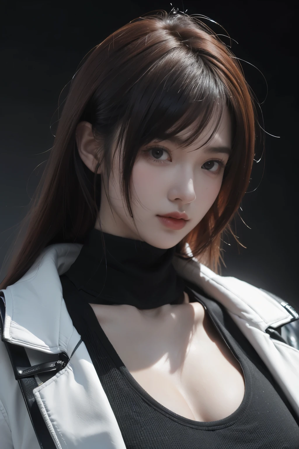 tmasterpiece,Best quality,A high resolution,8K,(Portrait),((Head close-up)),real photograph,digital photography,(Female scientists in sci-fi style),20 year old girl,Random hairstyles,By bangs,(Random Color Eyes),(Random-colored hair),A plump chest,cleavage,Elegant and noble,Serious and indifferent,Open white coat,Black tube top bra,rich details,Keep your mouth shut,Intricate ornaments,Cyberpunk futuristic style,(Female scholars),white backgrounid,oc render reflection texture