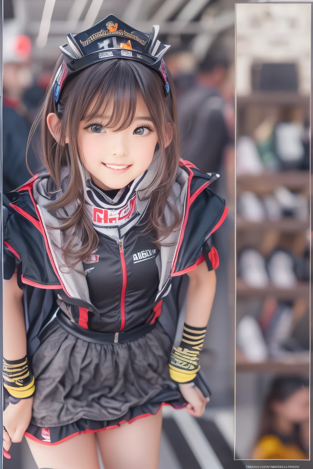 race queen, grid girl, skirt, sleeveless, master piece , best quality , detailed , bangs , woman , smile