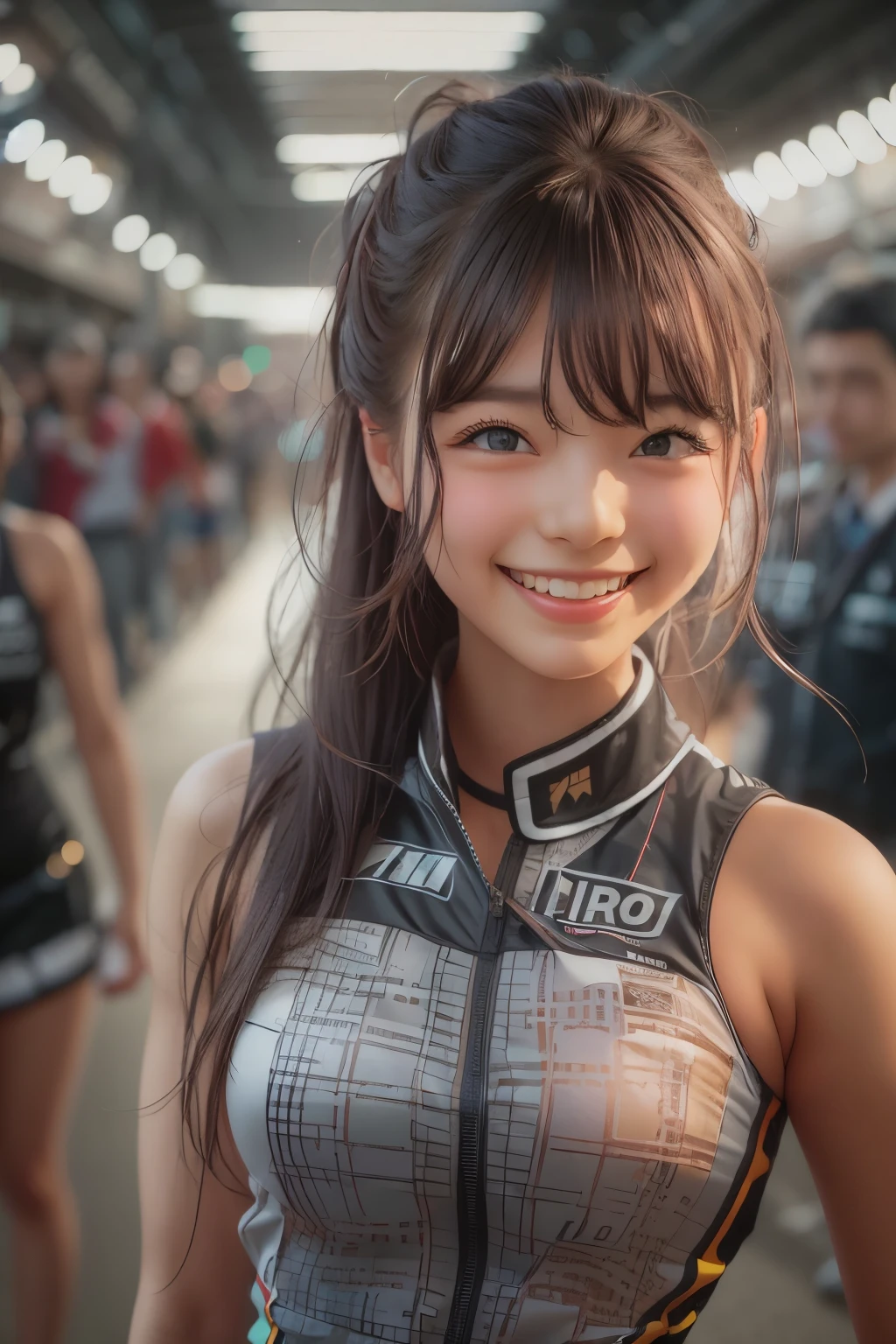 race queen, grid girl, skirt, sleeveless, master piece , best quality , detailed , bangs , woman , smile
