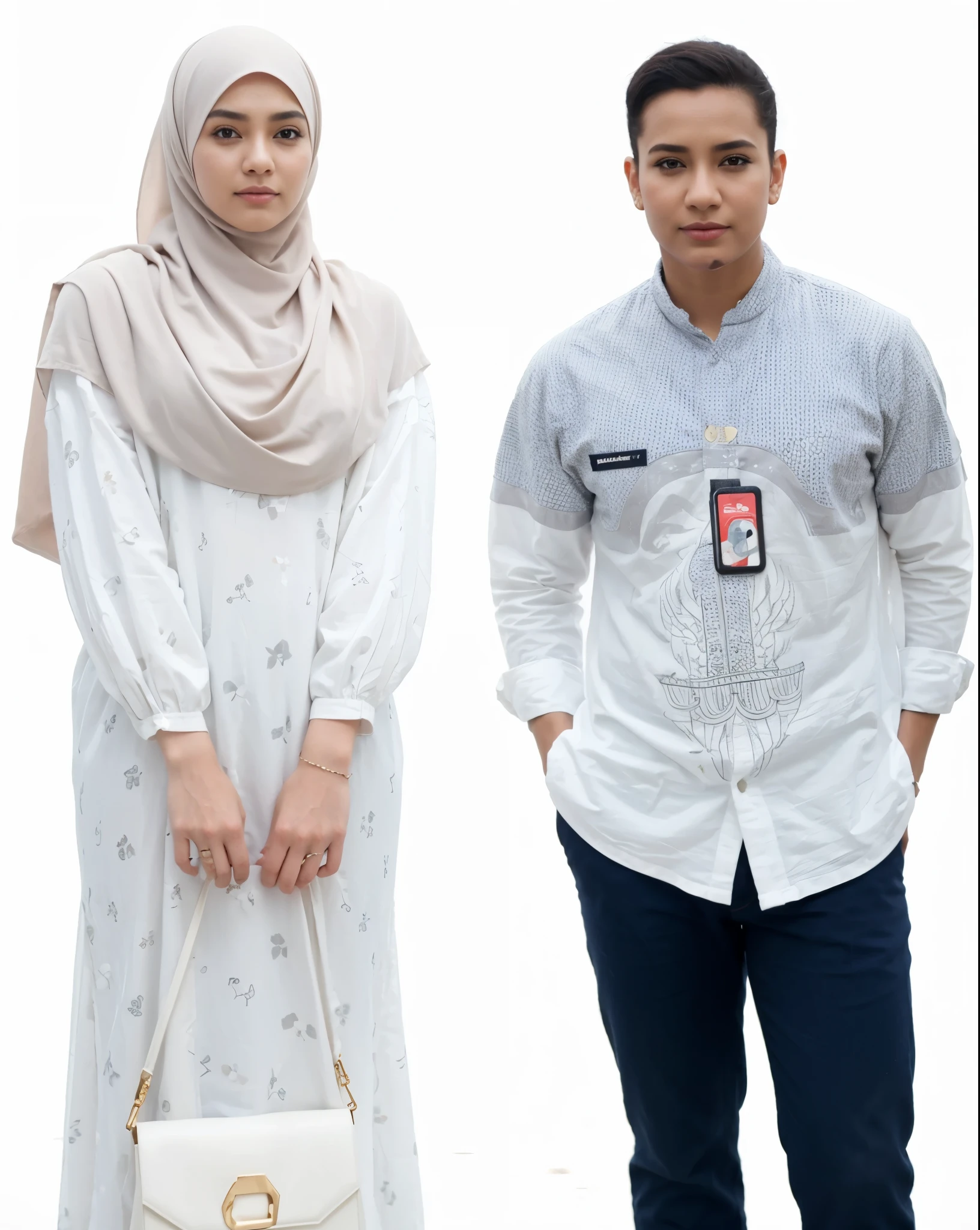 4k, realistic, very detail, 1 girl and 1 woman, girl in gray hijab, Indonesian, soft smile, cute face, woman short hair, woman plain white shirt, arabic woman, fierce expression, detailed face features, park background