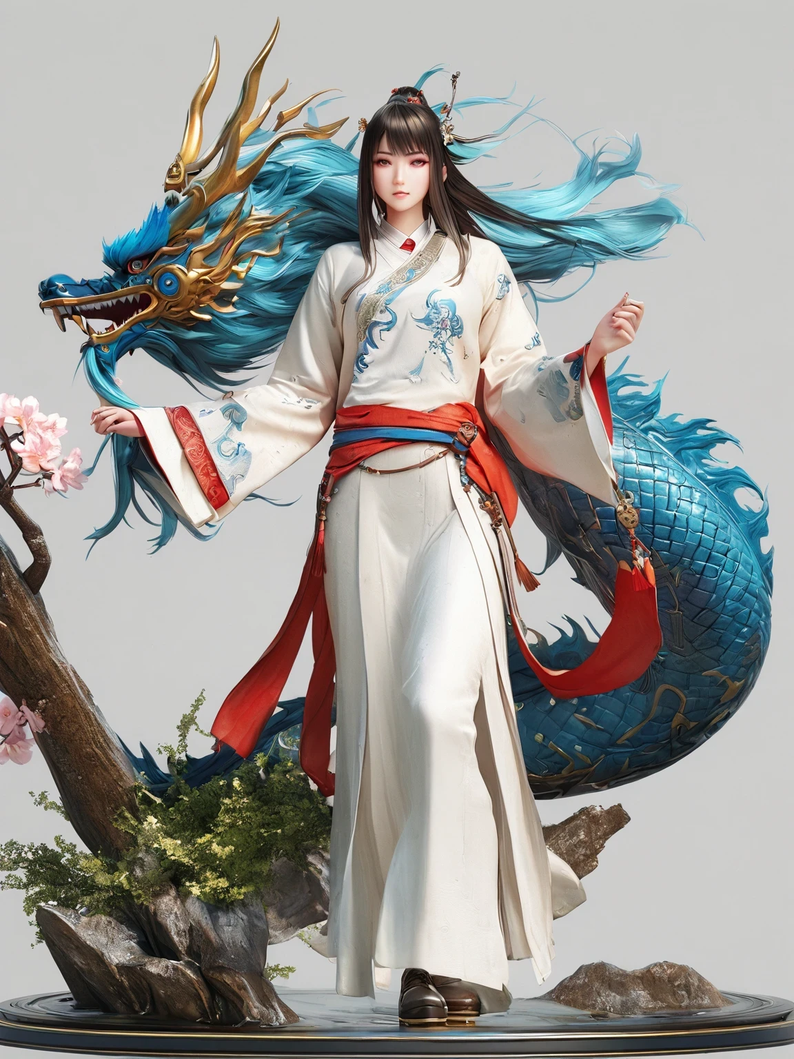 diy14，Highest quality, ultra-high definition, masterpieces, 8k, realistic, anime styled, 3d render，(costume design), dragon elements, Chinese style, full body close-up, flowers, white Hanfu, ink danqing, fantasy style clothing, Chinese clothing, Hanfu, flowing dragon silk, clothing design, smooth cyan tight clothes set, spirit, clothing, game, 8k, fantasy, magical, amazing