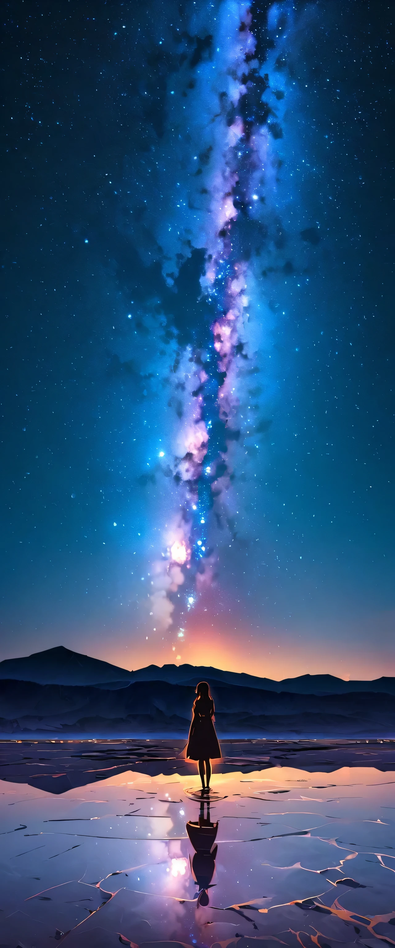 official art, unified 8k wallpaper, Super detailed, masterpiece, best picture quality,super wide angle,night,a woman,Standing by the salt lake,The water is like a mirror,reflecting the sky。look up to the sky,The Milky Way is in the sky,Dynamic angle, grace, bright colors,
