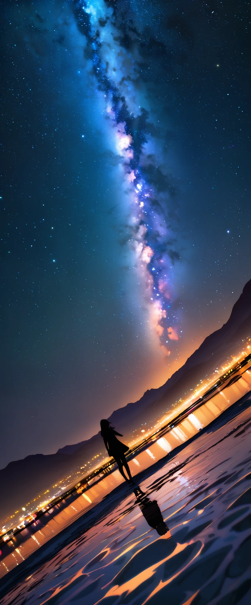 official art, unified 8k wallpaper, Super detailed, masterpiece, best picture quality,super wide angle,night,a woman,Standing by the salt lake,The water is like a mirror,reflecting the sky。look up to the sky,The Milky Way is in the sky,Dynamic angle, grace, bright colors,