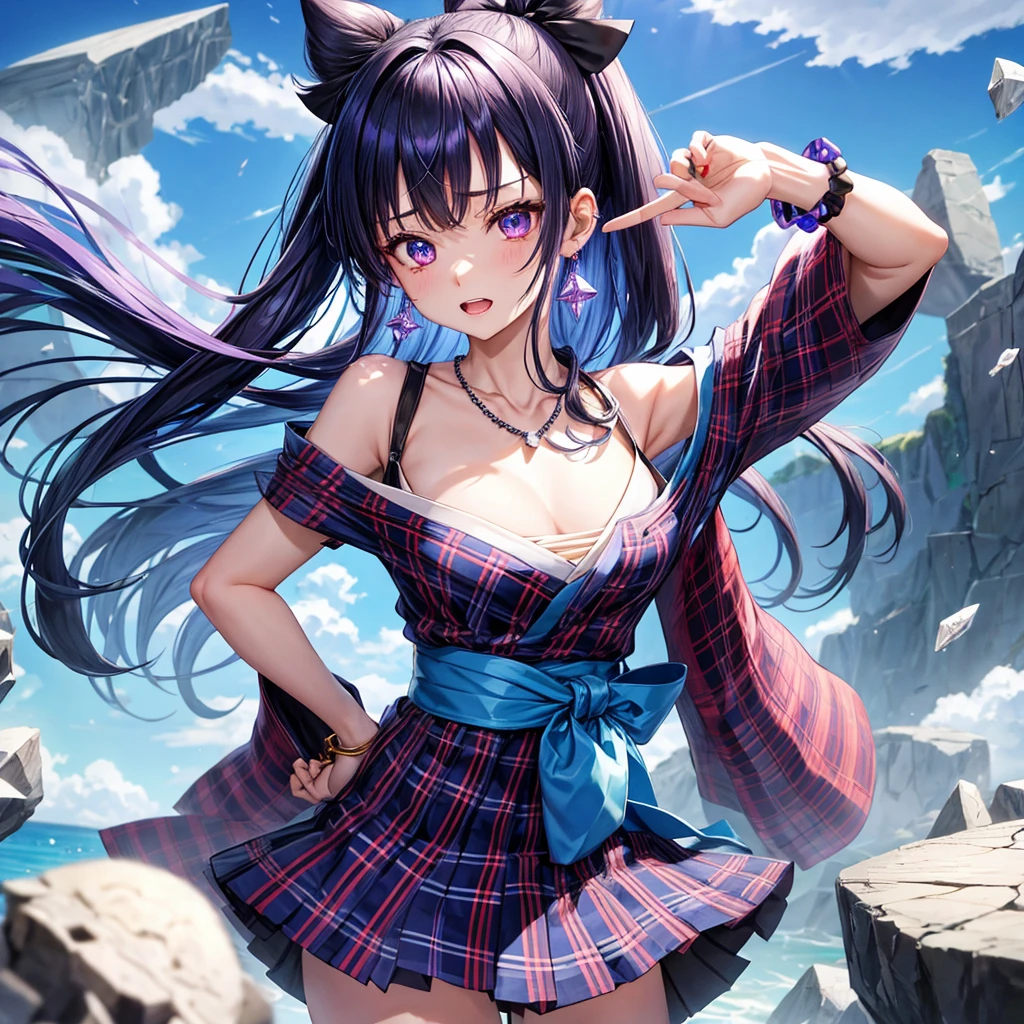 blue-blue-purple hair、red eyes、one good looking girl、solo、anime、plaid mini skirt、black camisole、black t-shirt、kimono、wearing a ribbon、ribbon at waist、stones are piled up、crystal earrings、jewelry necklace、Light and shadow、tilting one&#39;s face、teeth are visible、、Wearing geta、lots of crystals、Lock、in the clouds