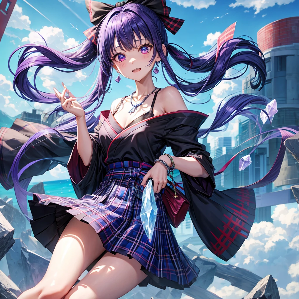 blue-blue-purple hair、red eyes、one good looking girl、solo、anime、plaid mini skirt、black camisole、black t-shirt、kimono、wearing a ribbon、ribbon at waist、stones are piled up、crystal earrings、jewelry necklace、Light and shadow、tilting one&#39;s face、teeth are visible、、Wearing geta、lots of crystals、Lock、in the clouds
