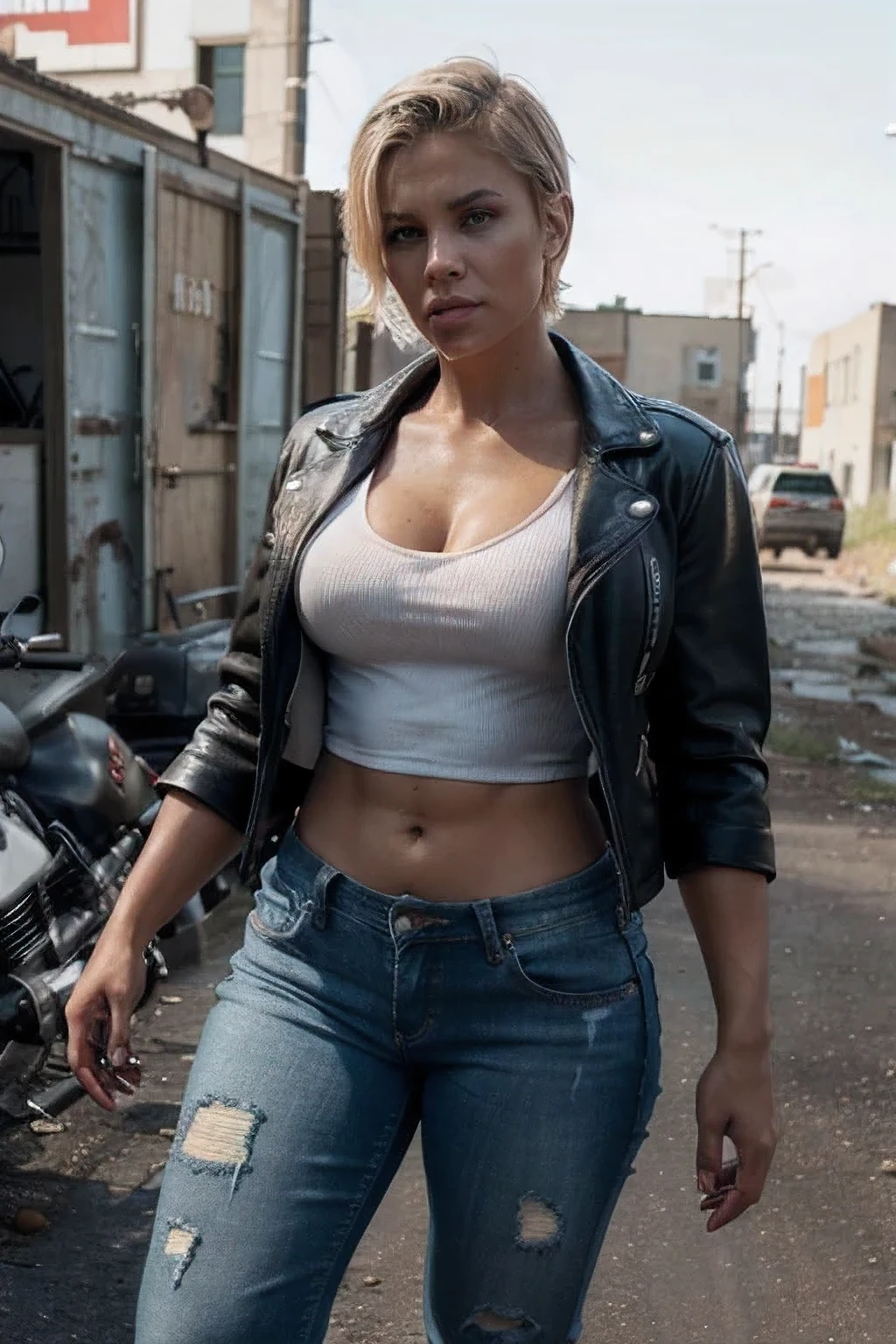 Very muscular woman, curvy figure, muscular arms, thick thighs, wide hips, short pixie cut blonde hair, dark tan skin, blue eyes, sexy face, detailed face, detailed eyes, UHD 8K, post apocalypse clothing, clothed, safe for work, sfw, jeans, zombie apocalypse, dirty white tshirt, boots, full body image, blood covered clothes, defined muscular arms, bodybuilder, black leather biker jacket, dommy mommy