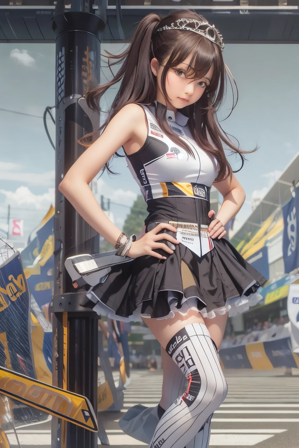 race queen, grid girl, skirt, sleeveless, master piece , best quality , detailed , bangs , woman , smile
