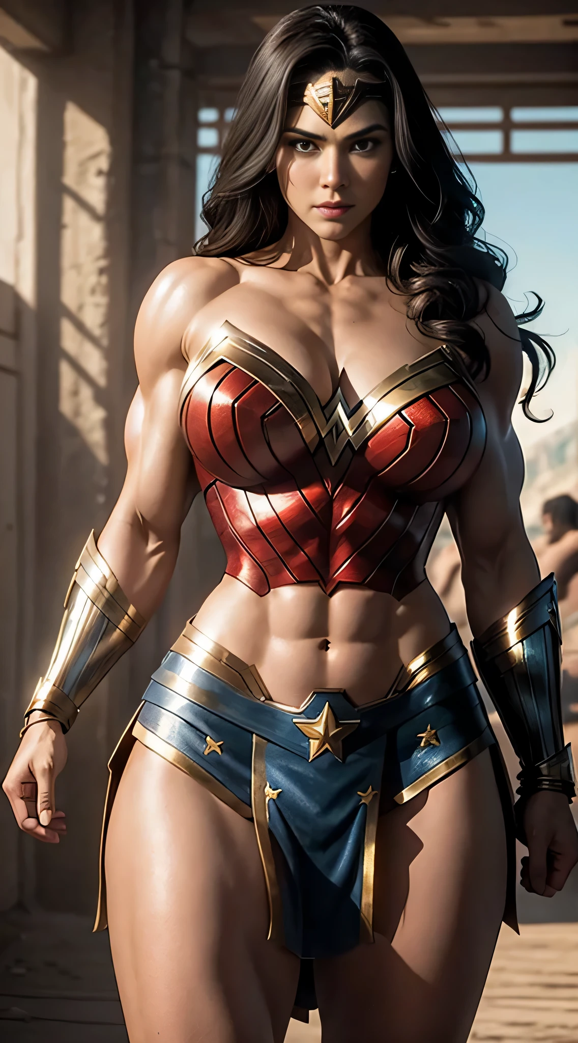 Super strong busty muscular beautiful Wonder Woman, strong tonned abs, strong huge biceps, enormous huge round firm breasts, movie scene, hypermuscular bursting in strength, realistic human female proportions, exposed abs