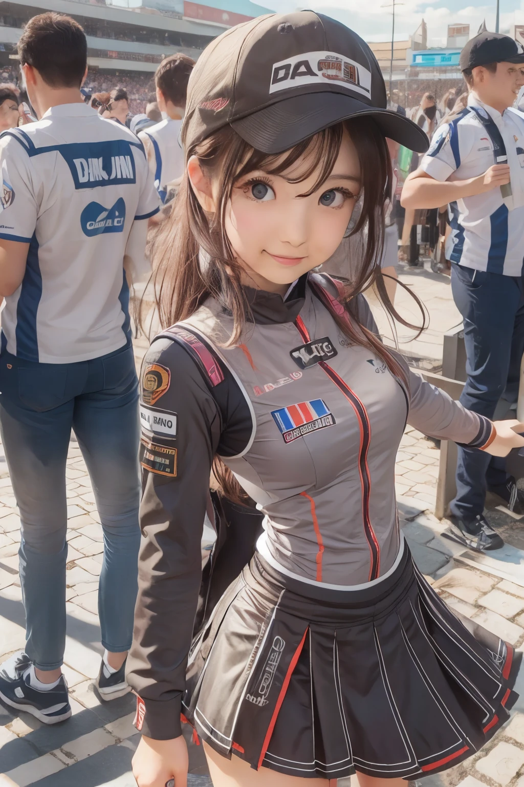 race queen, grid girl, skirt, sleeveless, master piece , best quality , detailed , bangs , woman , smile
