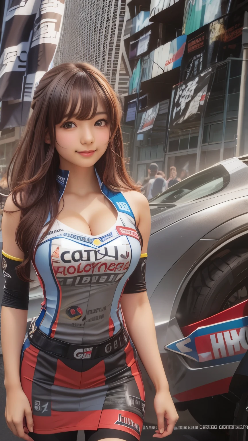 race queen, grid girl, skirt, sleeveless, master piece , best quality , detailed , bangs , woman , smile