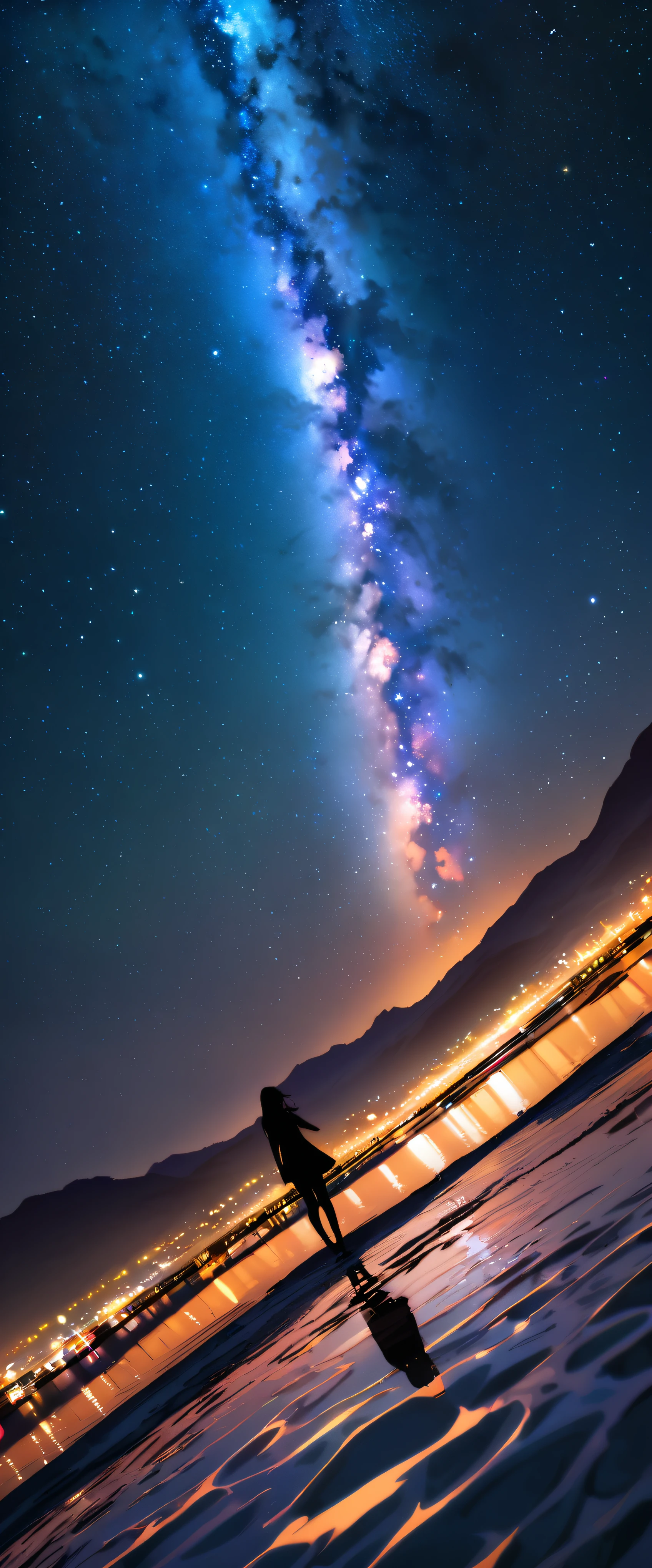 official art, unified 8k wallpaper, Super detailed, masterpiece, best picture quality,super wide angle,night,a woman,Standing by the salt lake,The water is like a mirror,reflecting the sky。look up to the sky,The Milky Way is in the sky,Dynamic angle, grace, bright colors,