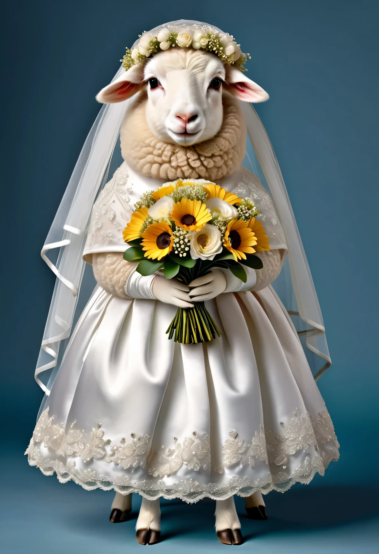 photorealistic portrait of Dressed animals - a ((fat)) young sheep,(elegant pose:1.2 ),, high quality,(lovely) ,intricate details, highly detailed (( wedding dress)) ,wearing highly detailed veil, highly detailed decorations ,holding flower bouquet, (happy), studio lighting,(full body image from head to toe:1.5)