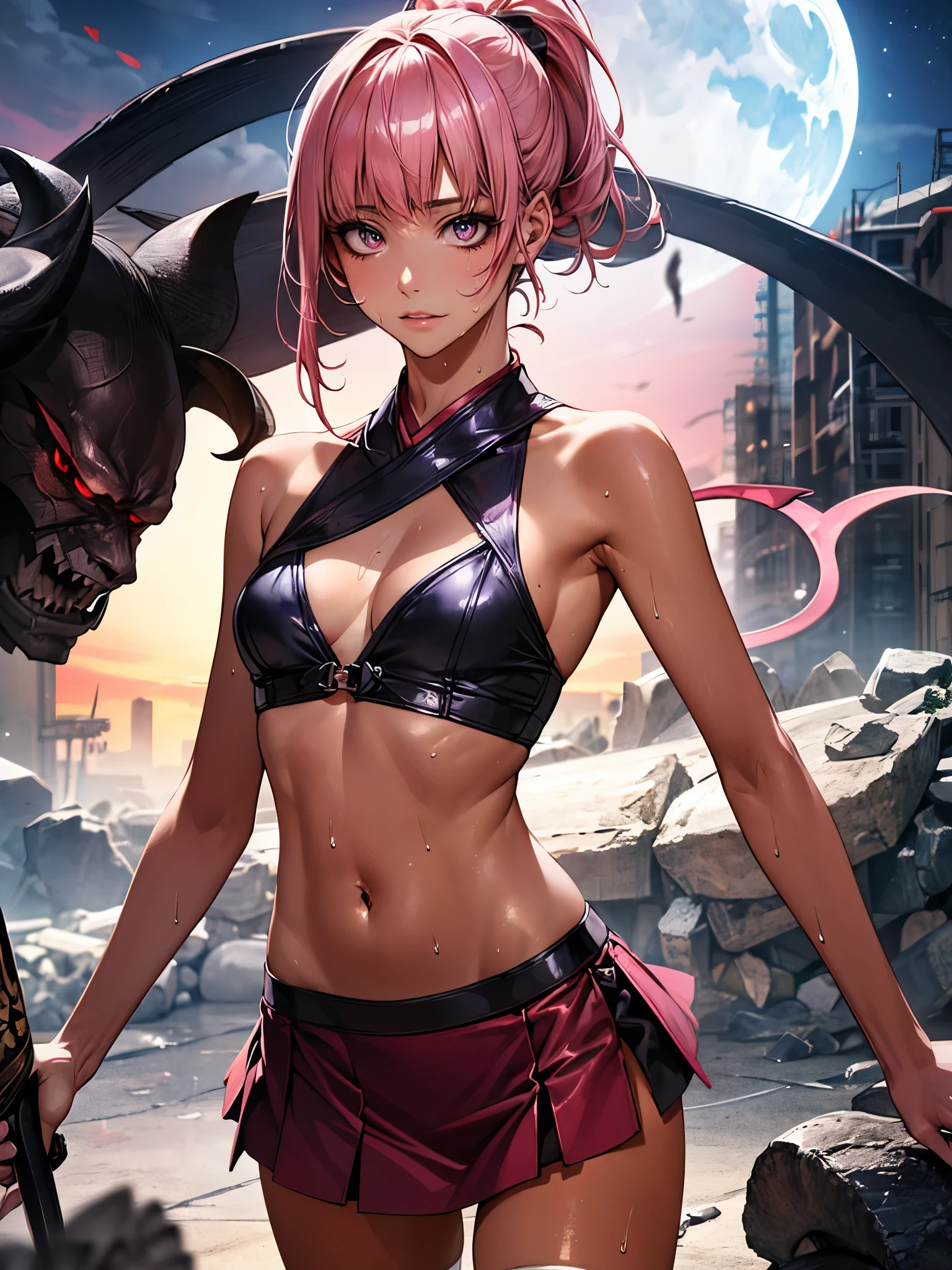 ((The woman who defeated the devil、defeated a monster:1.5)),((perfect anatomy,realistic,:1.3,RAW Photography:1.3,masterpiece、highest quality、Ultra - High resolution、High resolution、Highly detailed CG、8K)),cowboy shot,1 female,solo,20 year old beauty,((beautiful detailed face and eyes,big gorgeous eyes),pink eyes,(pink hair,ponytail,long hair,blunt bangs,straight hair)),(medium breasts,slender body,small head,skinny,tan skin,gleaming skin,shiny skin,sweat:1.5),(white kimono、sleeveless、pink mini skirt,white_thighhighs、1holding a book Japanese sword in hand、Raising the sword、Accurately depicted Japanese sword),apocalyptic world,collapsed building、rubble、on street,Tokyo、at night、moonlight、