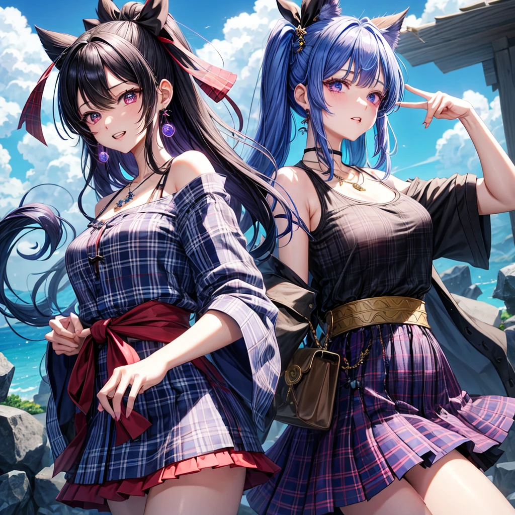 Blue-violet hair、red eyes、one good looking girl、solo、anime、plaid mini skirt、black camisole、black t-shirt、kimono、wearing a ribbon、ribbon at waist、stones are piled up、crystal earrings、jewelry necklace、Light and shadow、tilting one&#39;s face、teeth are visible、、Wearing geta、lots of crystals、Lock、in the clouds