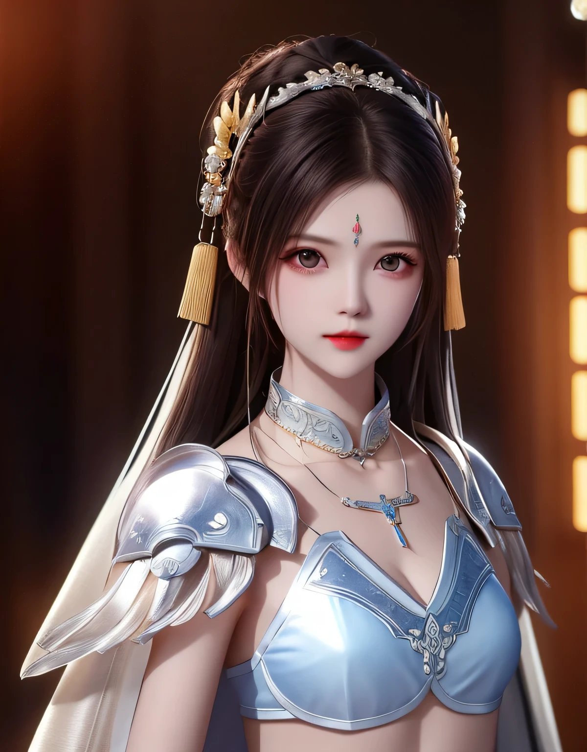 best quality, masterpiece, High resolution, 1 girl, Ancient Chinese battlefield background, metal armor, cape, metal collar, ancient spear, Glowing spear, hair accessories, necklace, jewelry, pretty face, above_Body, Tyndall effect, actual, dark studio, edge lighting, Two-tone lighting, (High detail skin:1.2), 8K ultra hd, SLR camera, soft light, high quality, Volumetric lighting, frank, photo, High resolution, 4K, 8K, Bokeh, Silver white bikini armor, Metal spear, Chest embroidery, metal breastplate, Tight, bare arms, arms, short wristband, , side, heroic