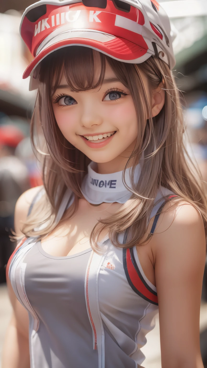 race queen, grid girl, skirt, sleeveless, master piece , best quality , detailed , bangs , woman , smile
