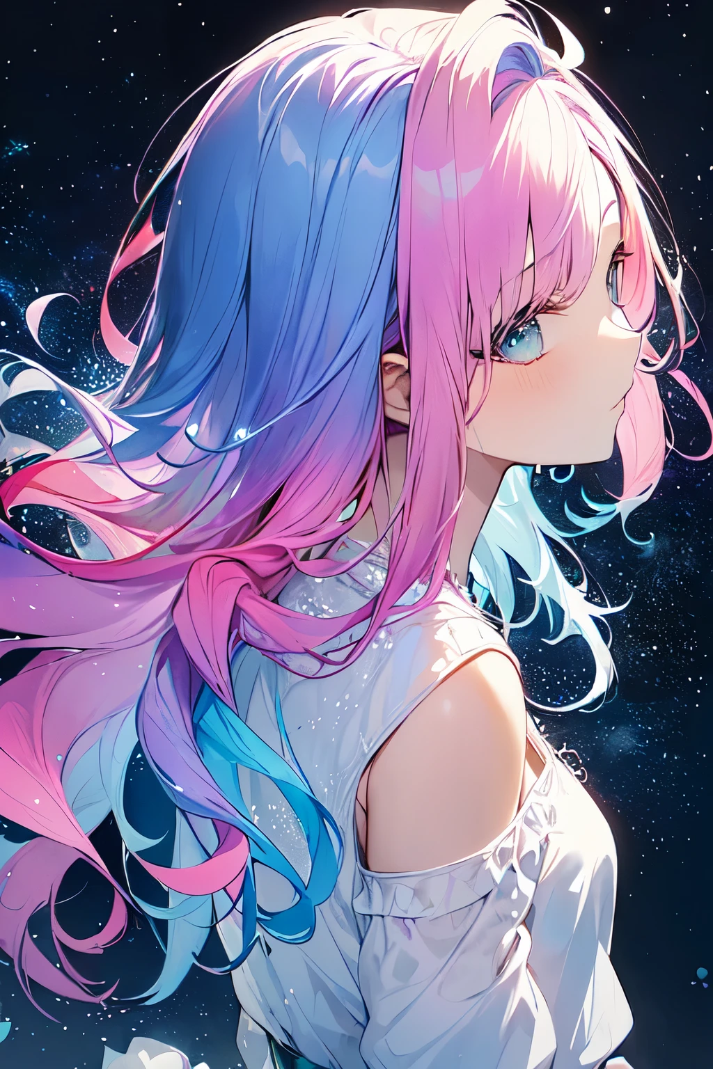 (masterpiece, highest quality, highest quality,watercolor (Moderate),official art, beautiful and aesthetic:1.2),(1 girl:1.3), (fractal art:1.3),Upper body, From the side, looking at the viewer,pattern,(rainbow colored hair,colorful hair,Half blue、half pink hair:1.2),water,liquid, cloud,colorful, starry sky,performer,