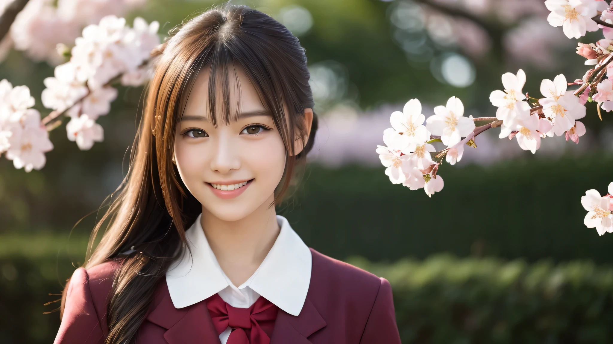 1girl, (The face of a princess, classy and dignified:1.2), (Best Quality:1.4), (Ultra-detailed), (extremely detailed beautiful face), Amazing face and eyes, (ponytail), cute smile, brown eyes, (highly detailed Beautiful face), (high school uniform:1.2), (extremely detailed CG unified 8k wallpaper), Highly detailed, High-definition raw color photos, Professional Photography, Realistic portrait, evening, Extremely high resolution, smiling, cherry blossoms,