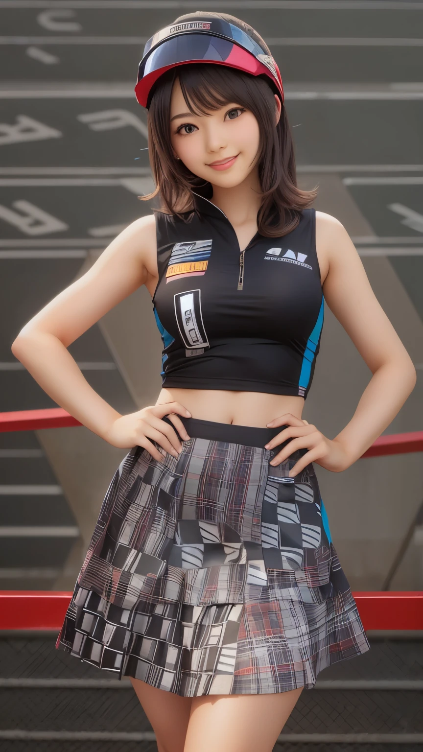 race queen, grid girl, skirt, sleeveless, master piece , best quality , detailed , bangs , woman , smile