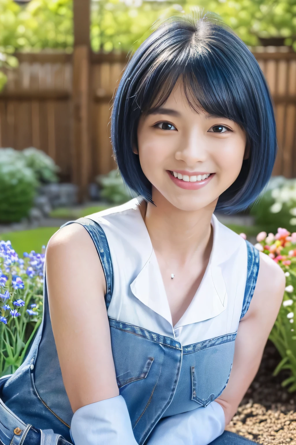 ((Kindergarten nurse))、(White sleeveless and blue jeans:1.5))、(masterpiece、highest quality) 、cute smile、(Medium chest:1.2)、((20 year old female:1.ung adorable Japan face, (cute short hair:1.5),Frontal portrait shot,In 8K,cute college girl、(Kindergarten garden:1.5)、