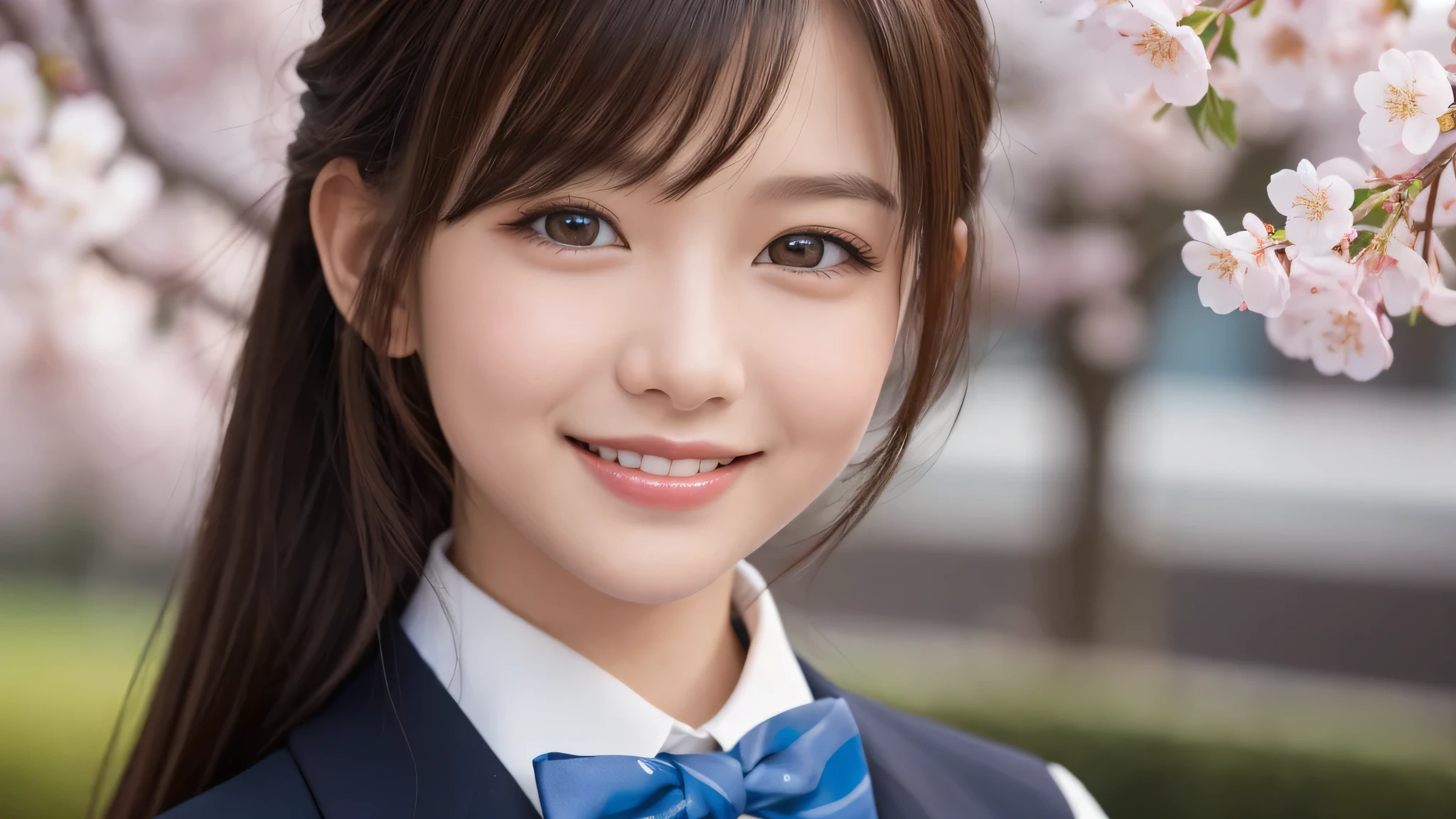 1girl, (The face of a princess, classy and dignified:1.2), (Best Quality:1.4), (Ultra-detailed), (extremely detailed beautiful face), Amazing face and eyes, (ponytail), cute smile, brown eyes, (highly detailed Beautiful face), (high school uniform:1.2), (extremely detailed CG unified 8k wallpaper), Highly detailed, High-definition raw color photos, Professional Photography, Realistic portrait, evening, Extremely high resolution, smiling, cherry blossoms,