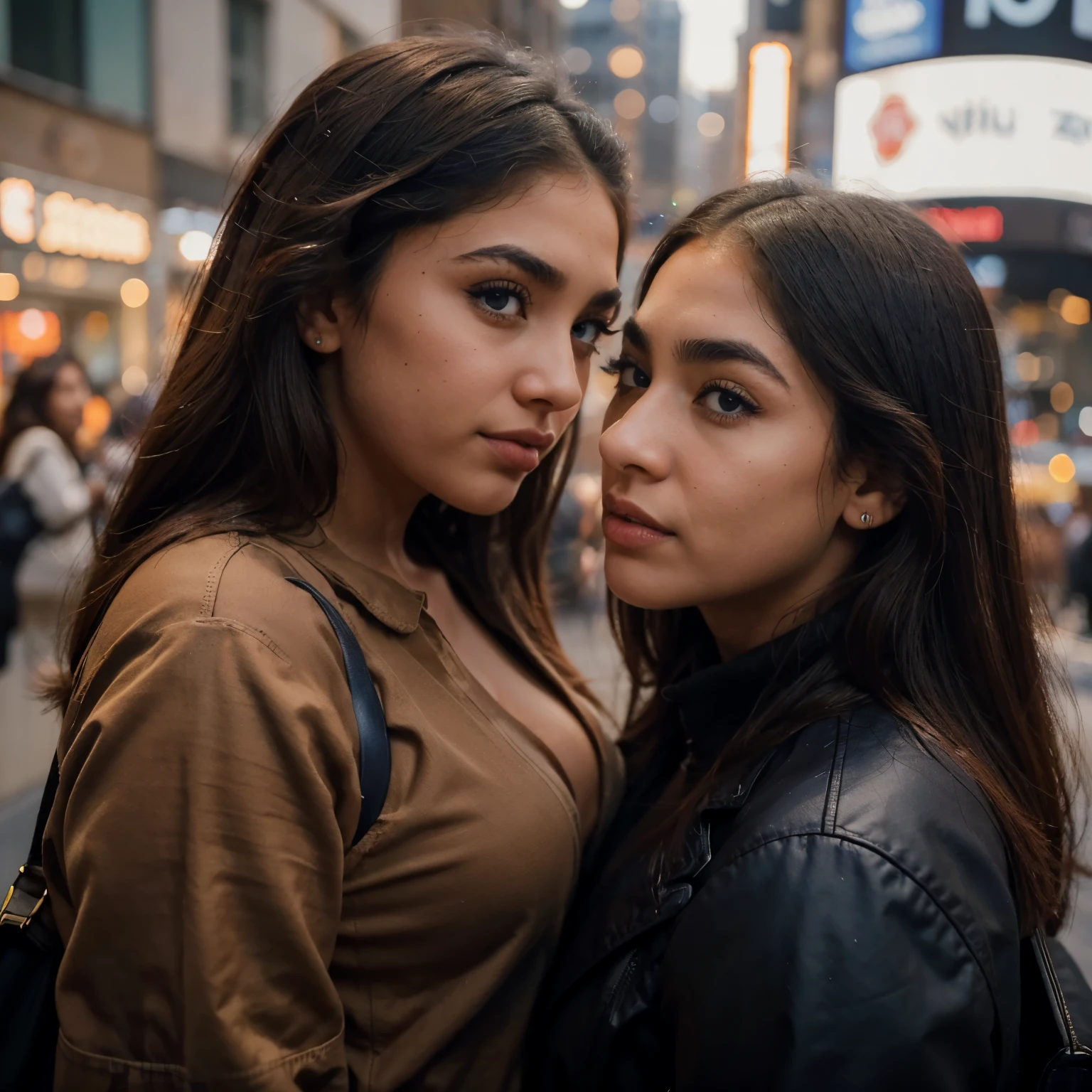 A couple of two girls seeing each other face to face, en su fondo la ciudad de Nueva York, a brown girl with blue eyes, nariz perfilada, big eyelashes, cejas gruesa, la segunda chica pelinegra, ojos grises, facciones delicadas pero marcadas, thick eyebrows and lips taller than the chestnut 