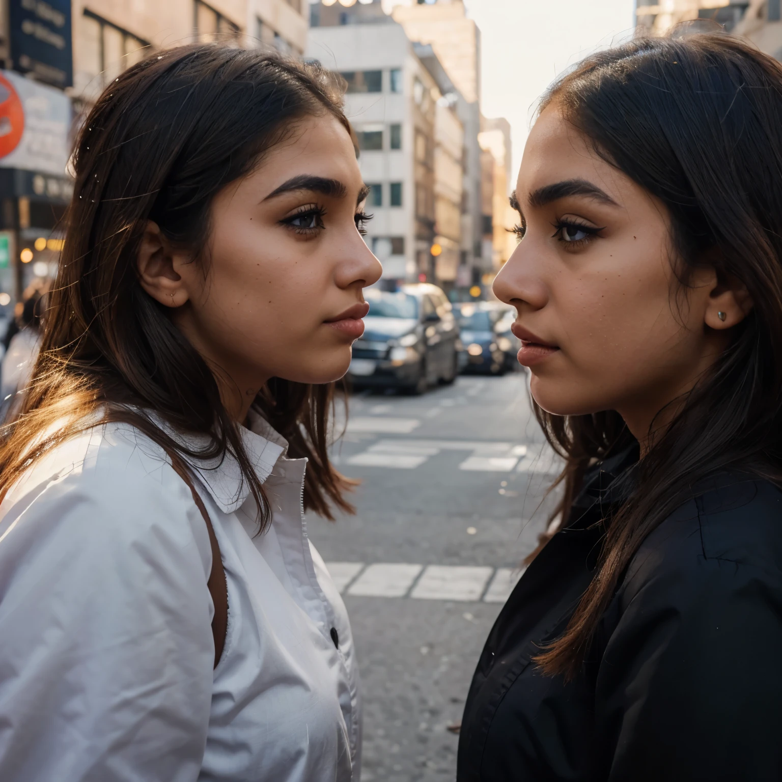 A couple of two girls seeing each other face to face, en su fondo la ciudad de Nueva York, a brown girl with blue eyes, nariz perfilada, big eyelashes, cejas gruesa, la segunda chica pelinegra, ojos grises, facciones delicadas pero marcadas, thick eyebrows and lips taller than the chestnut