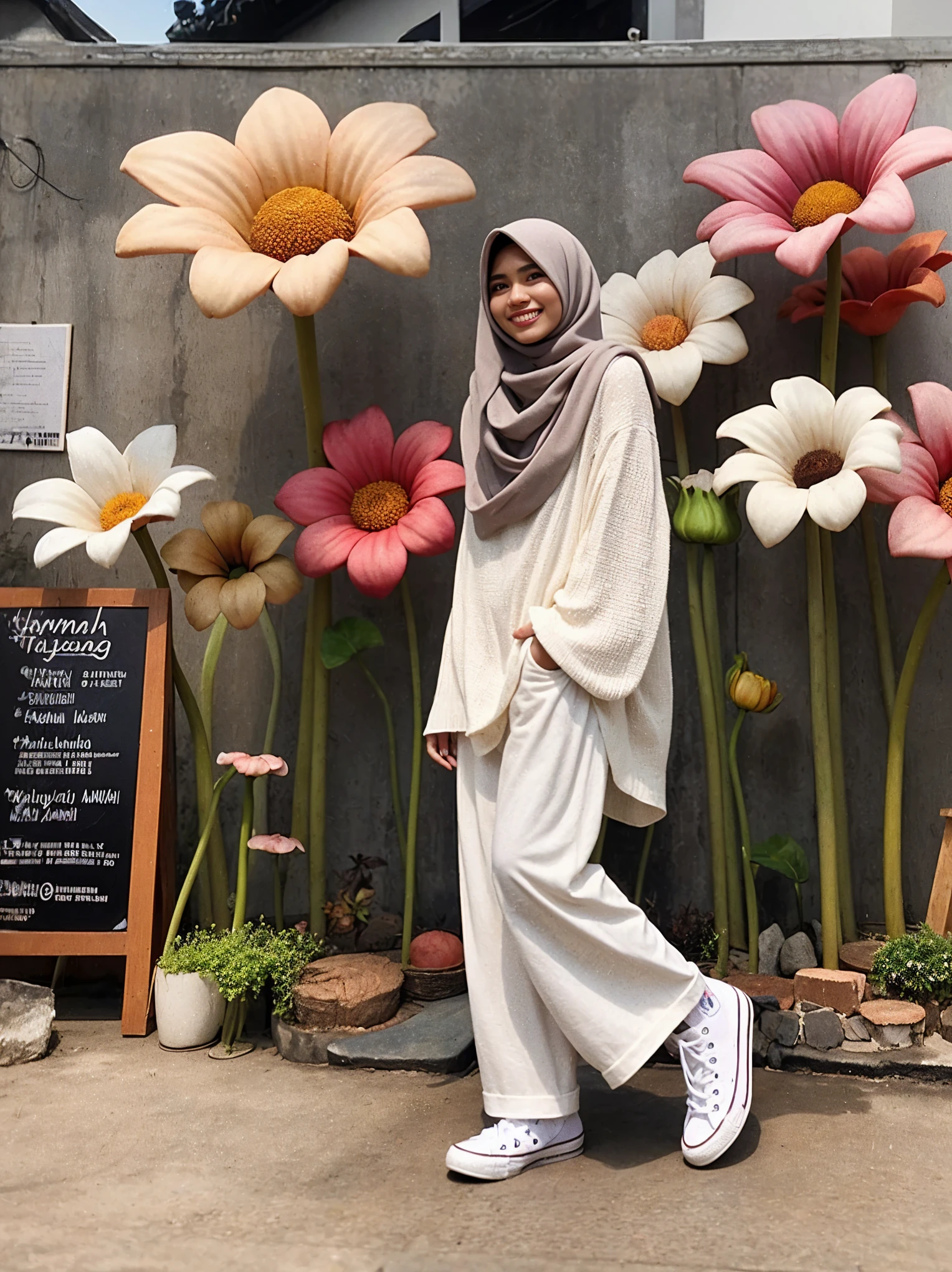 there is a woman standing in front of a display of flowers, white hijab, hijab, with flowers, in garden, 👁🌹👾, inspired by Naza, ☁🌪🌙👩🏾, flowers in background, taken in 2 0 2 0, inspired by Fathi Hassan, aesthetic!!, in pastel colors, an aesthetic!, smooth in _ the background