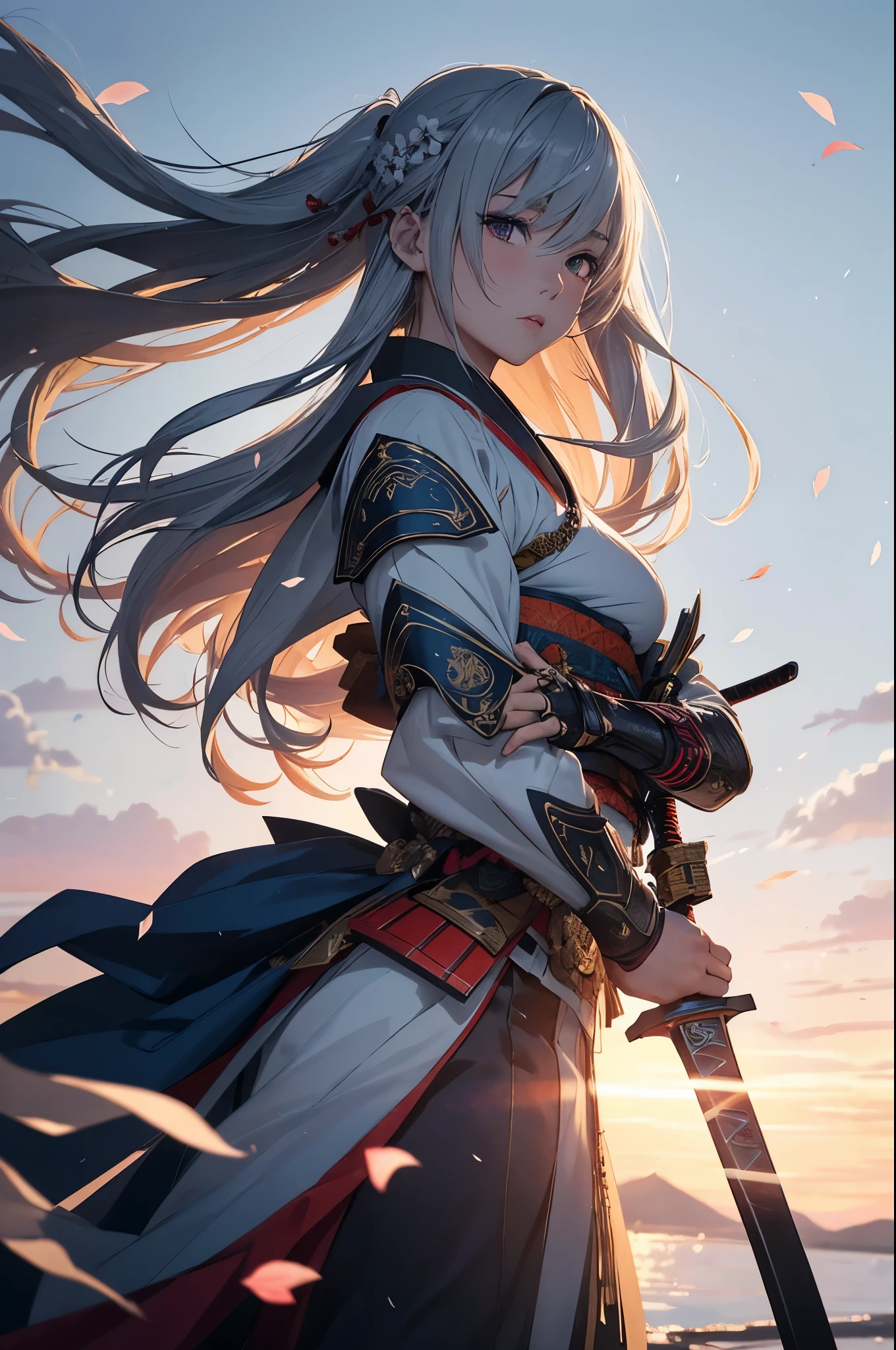 (highest quality,4k,8k,High resolution,masterpiece:1.2),super detailed,(realistic,photorealistic,photo-realistic:1.37),sword,wild long hair,detailed and beautiful eyes,determined look,combat readiness,traditional japanese costume,Delicate cherry blossom petals floating in the air,dark and moody lighting,dynamic action pose,sharp focus,high contrast,impressive sword,Traditional samurai armor,subtle color grading,agile and graceful movements,epic battle scene,an unforgettable atmosphere,Japanese ancient castle on the background,blue and silver color scheme,Mysterious fog,Attention to intricate details,highly skilled warrior,Spiritual energy emanating from Samurai Girl,the intensity of emotion on her face,traditional symbols of japan,The essence of a real samurai,Calm and confident look,Exquisite kimono fabric texture,Romantic sunset background,expressive sword strikes,energetic brushstrokes,traditional ink painting style,dramatic composition,Impressive fluidity and movement,Vivid and vibrant colors.
