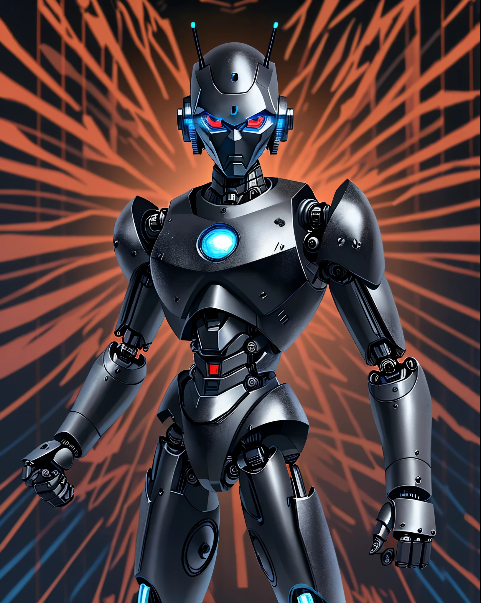 Background is evening, black iron robot, doll robot, high performance, high quality, full of armament,