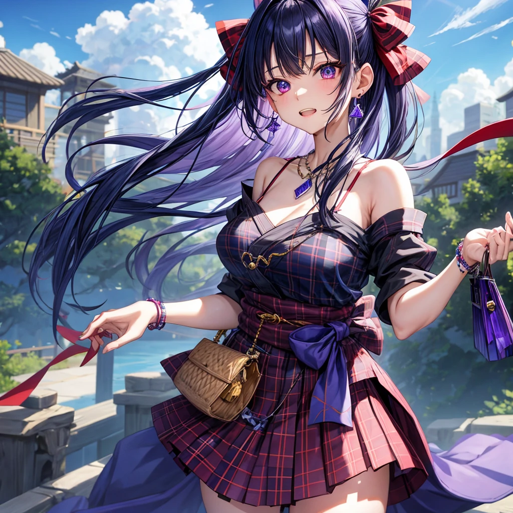 Blue-violet hair、red eyes、one good looking girl、solo、anime、plaid mini skirt、black camisole、black t-shirt、kimono、wearing a ribbon、ribbon at waist、stones are piled up、crystal earrings、jewelry necklace、Light and shadow、tilting one&#39;s face、teeth are visible、、Wearing geta、lots of crystals、Lock、in the clouds
