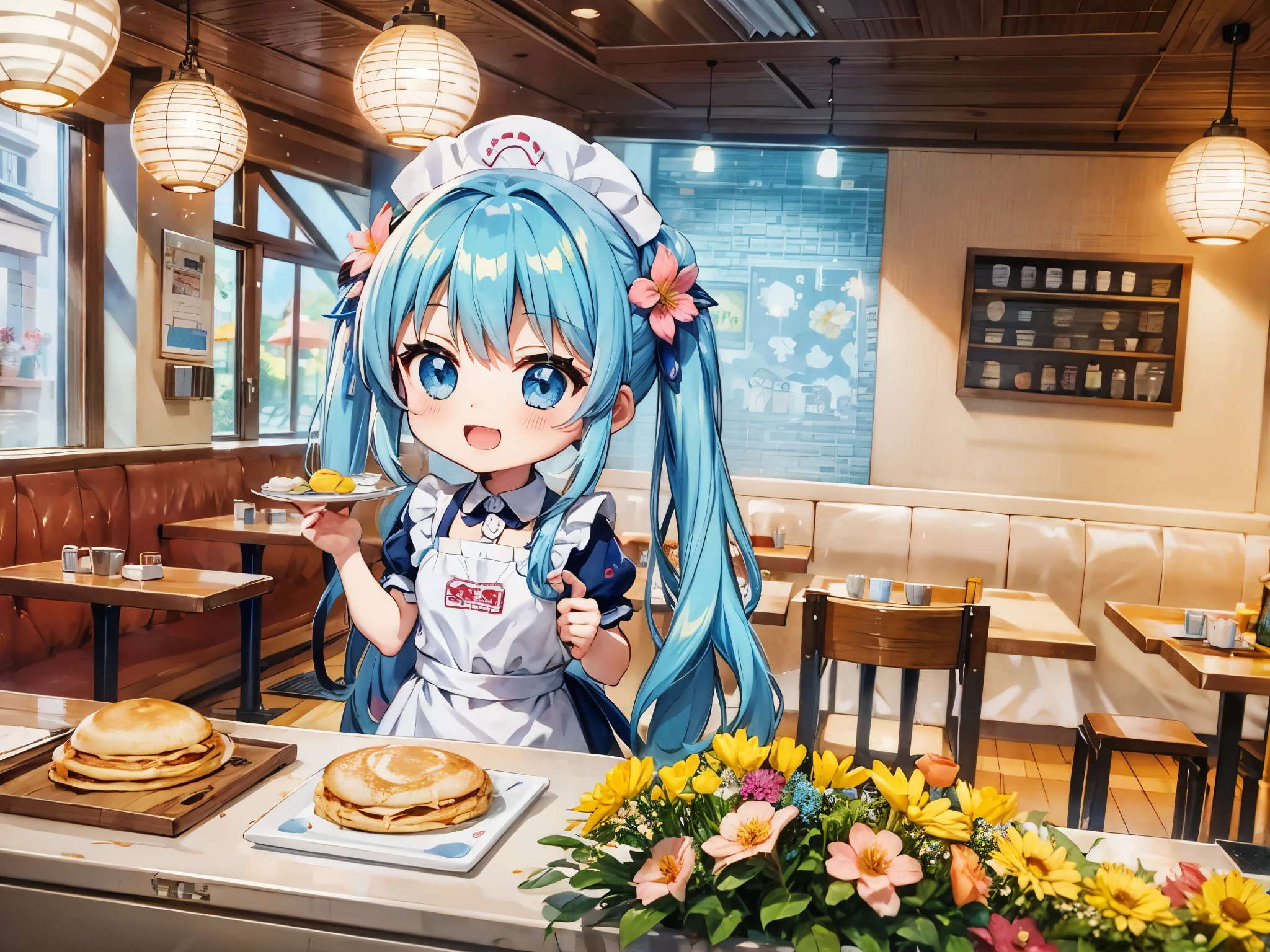 Cute Chibi Character Pastry Chef、Light blue long hair、twin tails、bright smile、making crepes、A restaurant decorated with flowers and popular for its delicious food、A cafe with long lines