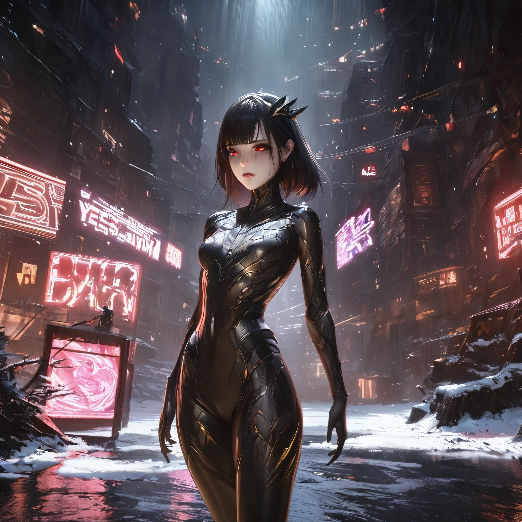 black,chiaroscuro, Ray tracing, movie lighting, cowboy shooting, 8K, Yes, Super details, precise, best quality, Award-winning, Award-winning, A High resolution, masterpiece, high detail,guweiz on artstation pixiv, Popular topics on artstation pixiv, 详细的number概念艺术, author:Yang Jie, 2. 5D CGI anime fantasy artwork,ultra high definition,8K ,Realistic skin texture,chiaroscuro, Ray tracing, movie lighting, 8K, Yes, Super details, precise, best quality, Award-winning, Award-winning, A High resolution, masterpiece, high detail,in the snow,Clear,masterpiece, best quality, 8K, number, 1 girl, alone, stand up, hair accessories, Red eyes, Heartless expression, Bloodstained mechanical parts, electric wire, cable, failure effect, scary, Science fiction, futuristic, The background is darker inside, neon lights, cyberpunk characters, surreal, Strange, Disturbing, spine-chilling, scary, western metal,Red eyes,发black,black色長手套,Rompers,leggings,Highlight her graceful figure,将整个身体包裹stand up,symbiont,((Raised sexy)),One-piece Pants,Red eyes,Venom Possession,发black,black色長手套,Rompers,black色一件,Blood-red eyes,best quality, High resolution, super detailed, Vivid texture, mask, Bangs,wear socks,tears,被black色粘液覆盖