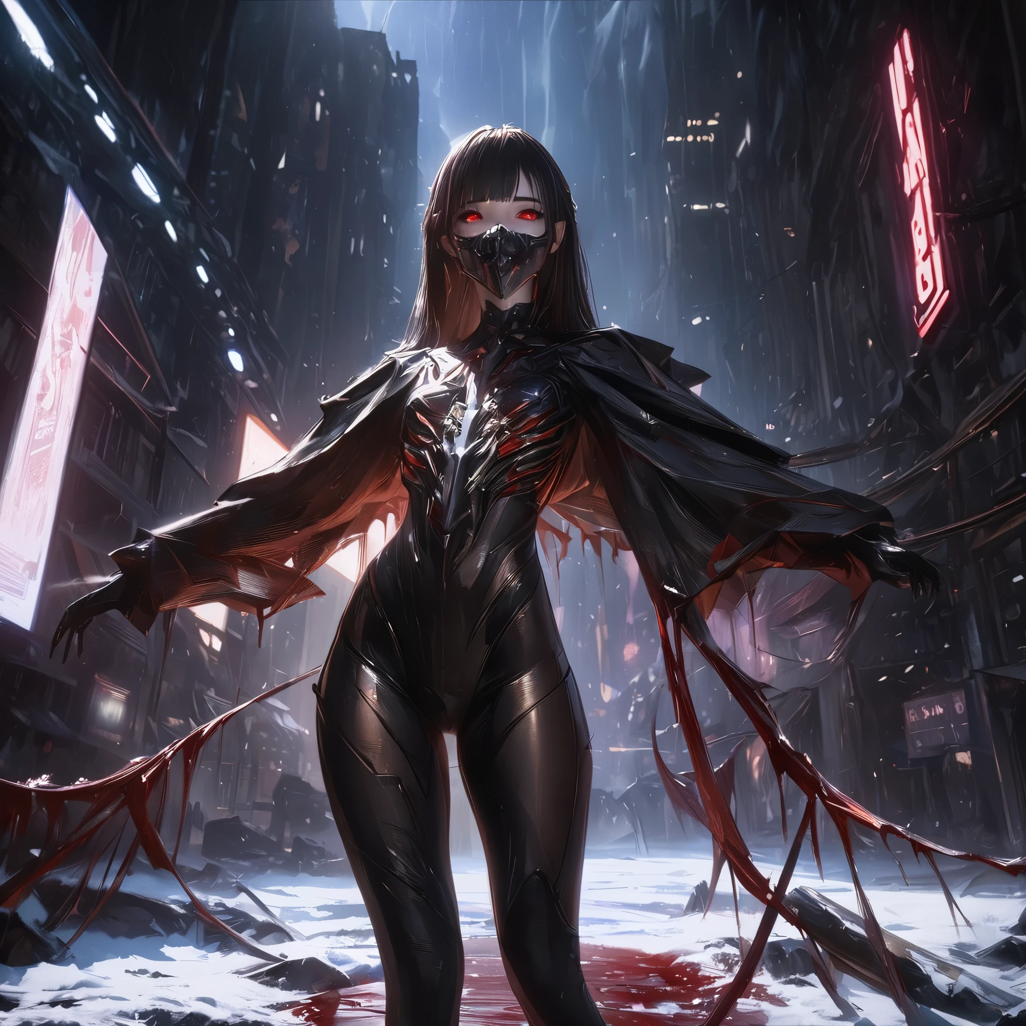 black，chiaroscuro, Ray tracing, movie lighting, cowboy shooting, 8K, Yes, Super details, precise, best quality, Award-winning, Award-winning, A High resolution, masterpiece, high detail，guweiz on artstation pixiv, Popular topics on artstation pixiv, 详细的number概念艺术, author：Yang Jie, 2. 5D CGI anime fantasy artwork，ultra high definition，8K ，Realistic skin texture，chiaroscuro, Ray tracing, movie lighting, 8K, Yes, Super details, precise, best quality, Award-winning, Award-winning, A High resolution, masterpiece, high detail，in the snow，Clear，masterpiece， best quality， 8K， number， 1 girl， alone， stand up， hair accessories， Red eyes， Heartless expression， Bloodstained mechanical parts， electric wire， cable， failure effect， scary， Science fiction， futuristic， The background is darker inside， neon lights， cyberpunk characters， surreal， Strange， Disturbing， spine-chilling， scary， western metal，Red eyes，发black，black色長手套，Rompers，leggings，Highlight her graceful figure,将整个身体包裹stand up，symbiont，（（Raised sexy）），One-piece Pants，Red eyes，Venom Possession，发black，black色長手套，Rompers，black色一件，Blood-red eyes，best quality, High resolution, super detailed, Vivid texture, mask, Bangs，wear socks，tears，被black色粘液覆盖