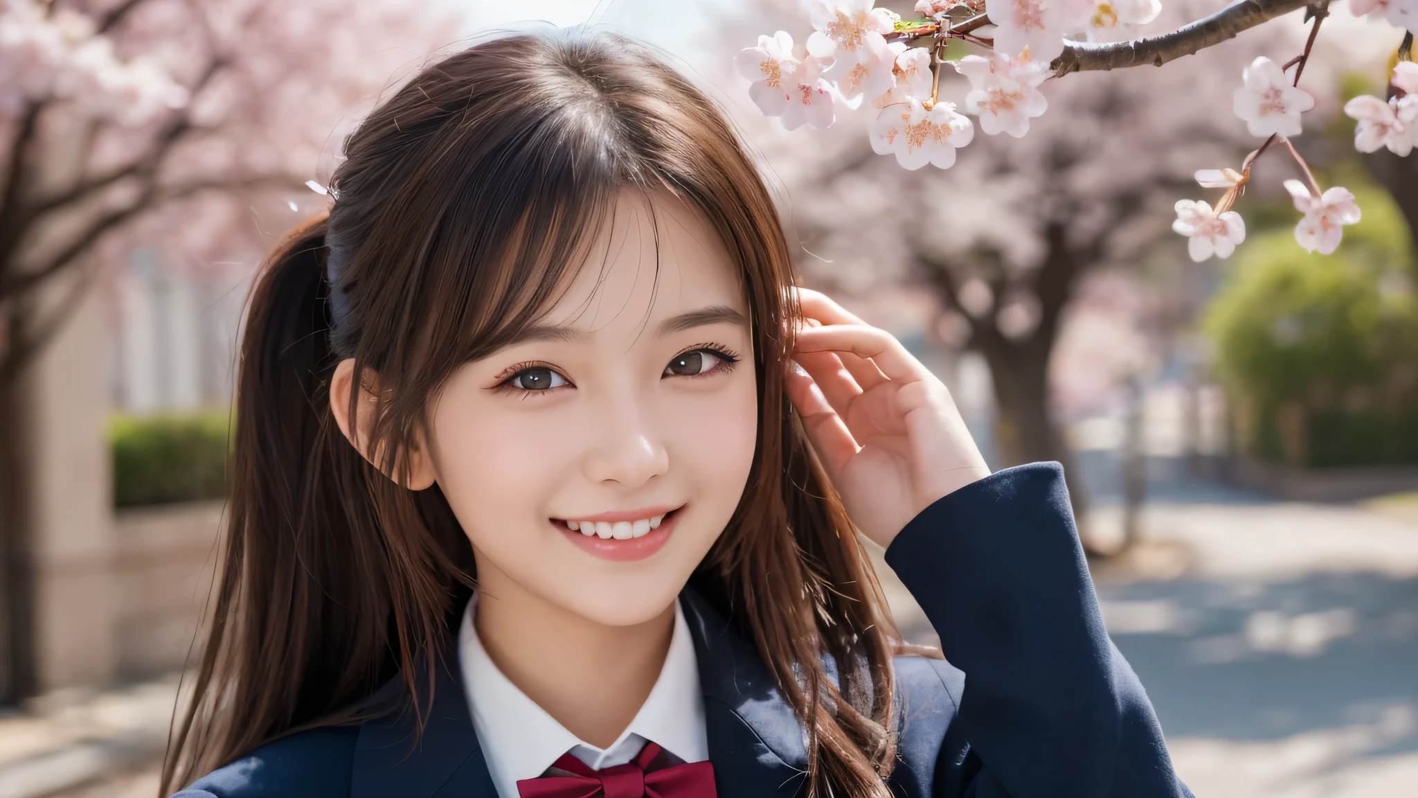 1girl, (The face of a princess, classy and dignified:1.2), (Best Quality:1.4), (Ultra-detailed), (extremely detailed beautiful face), Amazing face and eyes, (ponytail), cute smile, brown eyes, (highly detailed Beautiful face), (high school uniform:1.2), (extremely detailed CG unified 8k wallpaper), Highly detailed, High-definition raw color photos, Professional Photography, Realistic portrait, evening, Extremely high resolution, smiling, cherry blossoms,