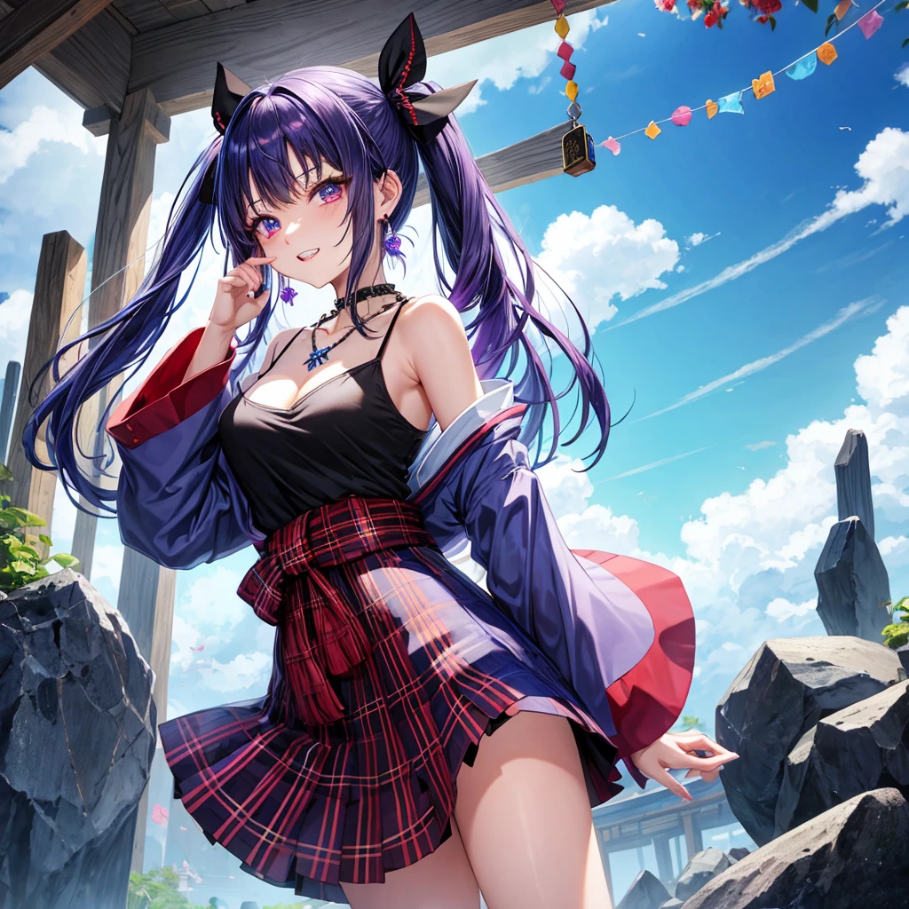 Blue-violet hair、red eyes、one good looking girl、solo、anime、plaid mini skirt、black camisole、black t-shirt、kimono、wearing a ribbon、ribbon at waist、stones are piled up、crystal earrings、jewelry necklace、Light and shadow、tilting one's face、teeth are visible、、Wearing geta、lots of crystals、Lock、in the clouds、pillar