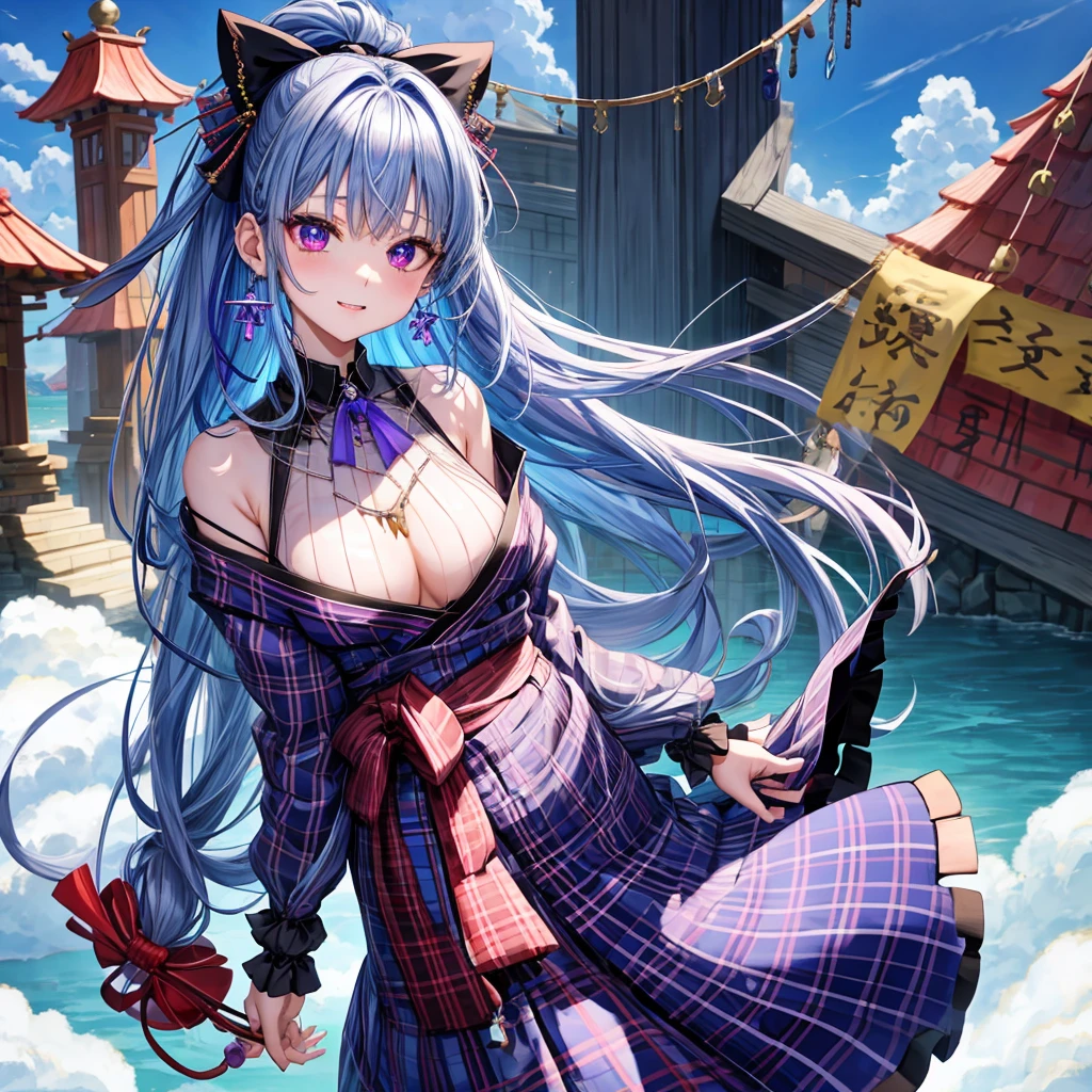 Blue-violet hair、red eyes、one good looking girl、solo、anime、plaid mini skirt、black camisole、black t-shirt、kimono、wearing a ribbon、ribbon at waist、stones are piled up、crystal earrings、jewelry necklace、Light and shadow、tilting one&#39;s face、teeth are visible、、Wearing geta、lots of crystals、Lock、in the clouds、pillar