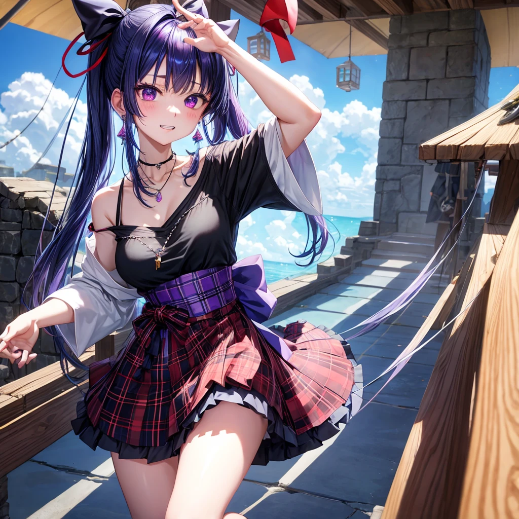 Blue-violet hair、red eyes、one good looking girl、solo、anime、plaid mini skirt、black camisole、black t-shirt、kimono、wearing a ribbon、ribbon at waist、stones are piled up、crystal earrings、jewelry necklace、Light and shadow、tilting one's face、teeth are visible、、Wearing geta、lots of crystals、Lock、in the clouds、pillar