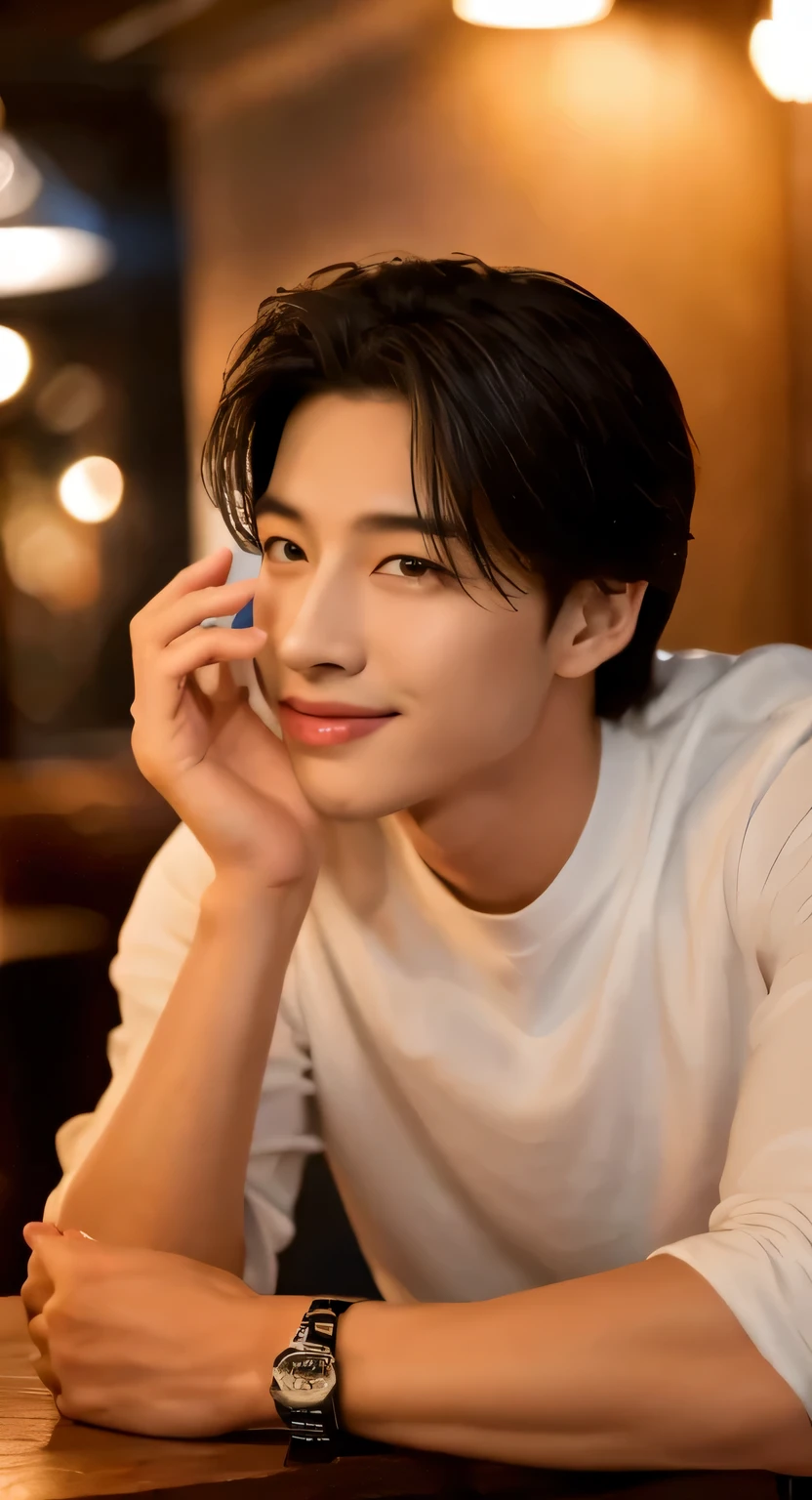 ((highest quality, 8K, masterpiece: 1.3)),realstics、real、Hyunjin、korean male idol:1.5, 20-year-old、Upper body、well-groomed face,long slit eyes , super handsome, thin chin、white skin、small eyes and face, beautiful lighting, (studio), High resolution, detailed mouth, thick lips、big mouth、smile, whole body: 1.5, perfect body shape: 1.5、model、nike、GUCCI、restaurant、meal、cheers、laughing out loud