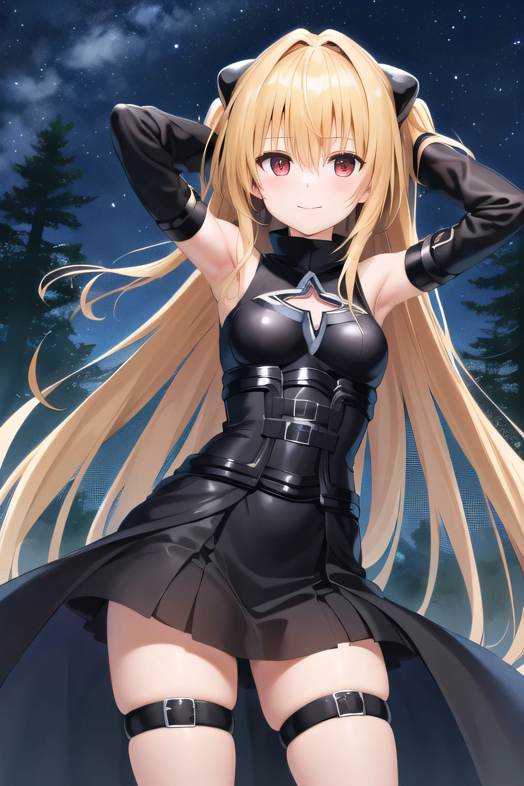 masterpiece, best quality, highres, aayami, very long hair, two side up, hair ornament, bare shoulders, black dress, clothing cutout, detached sleeves, belt, thigh strap, closed mouth, solo, cowboy shot, night sky, forest, arms behind head, contrapposto, shy smile, spread armpits, shy smile, high quality,