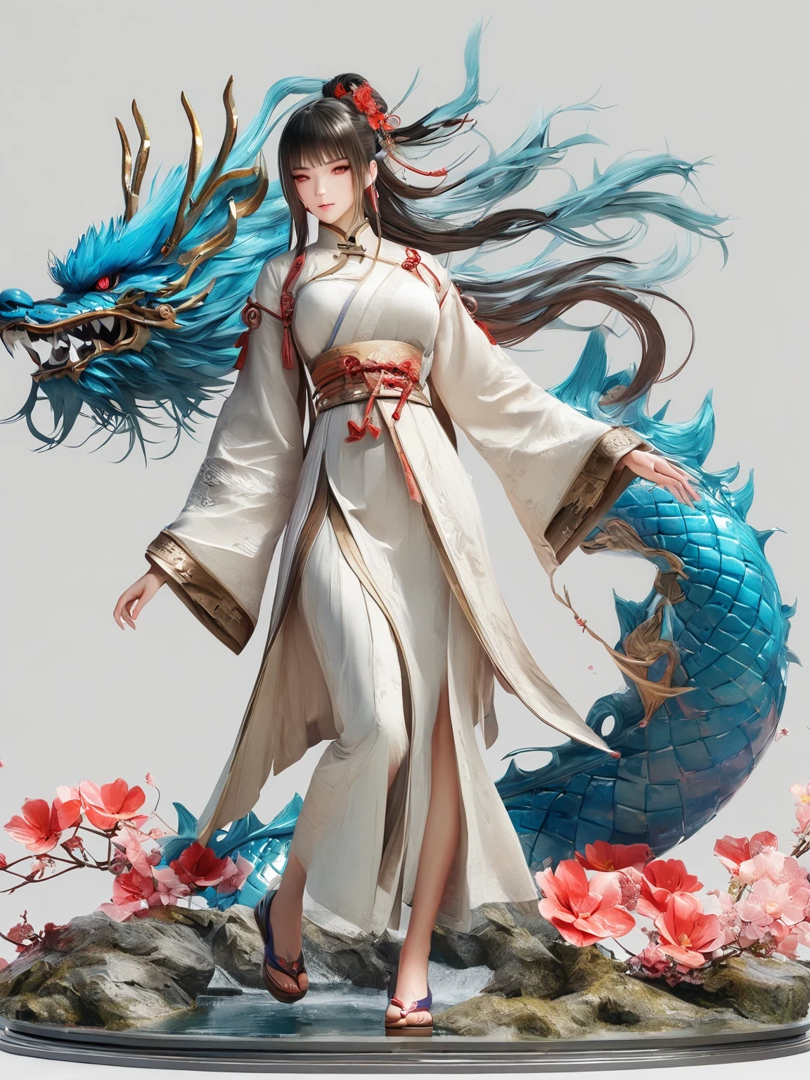 diy14，Highest quality, ultra-high definition, masterpieces, 8k, realistic, anime styled, 3d render，(costume design), dragon elements, Chinese style, full body close-up, flowers, white Hanfu, ink danqing, fantasy style clothing, Chinese clothing, Hanfu, flowing dragon silk, clothing design, smooth cyan tight clothes set, spirit, clothing, game, 8k, fantasy, magical, amazing