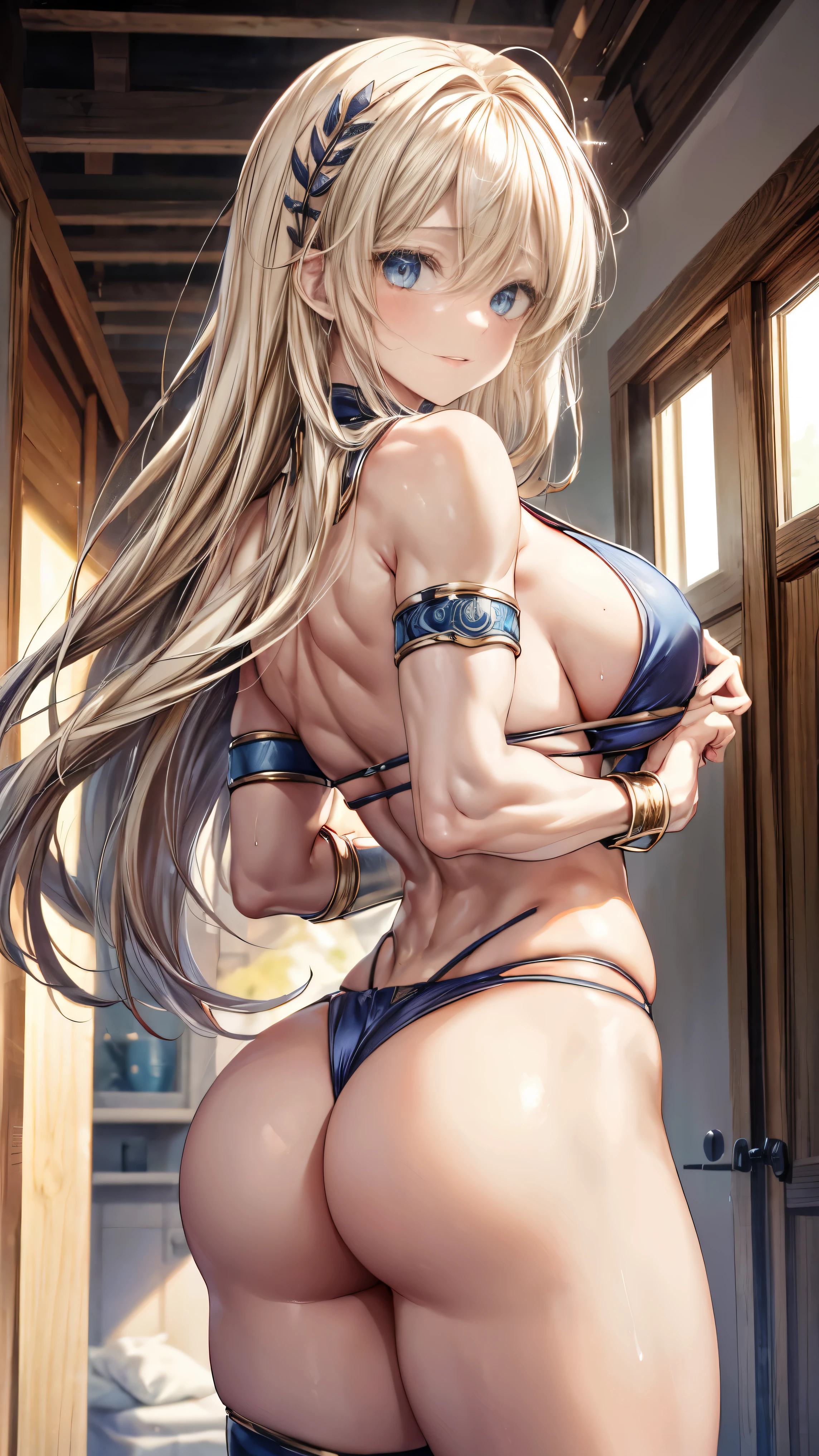 sensual, long blonde hair, thick thighs, 8K, 4k, highest quality, High resolution:1.2), cute anime face, noise reduction, shining blue eyes, gentle smile, kind eyes、toned abdominal muscles, muscular arms, muscular legs,  young face, anime eyes, (((big breasts、A chest that is about to burst)))、(((bondage style)))、(((Rear view、I&#39;ll turn around、T-back song that digs into your butt)))、(Sophitia Alexandra)、(SFW giant body)