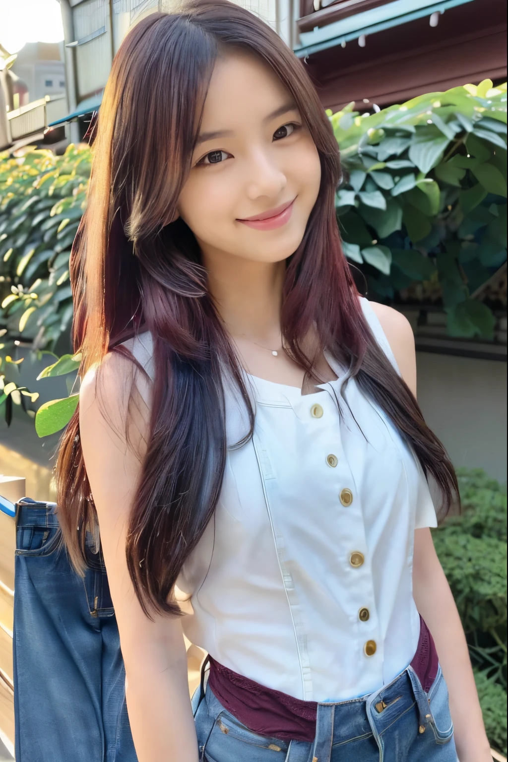 ((kindergartenの保母さん))、(White sleeveless and blue slim jeans:1.5))、(masterpiece、highest quality) 、cute smile、(Medium chest:1.2)、((20 year old female:1.2))、Young adorable Japan face, (Semi-long hair of maroon color:1.5),Frontal portrait shot,In 8K,cute college girl、(kindergarten:1.5)、