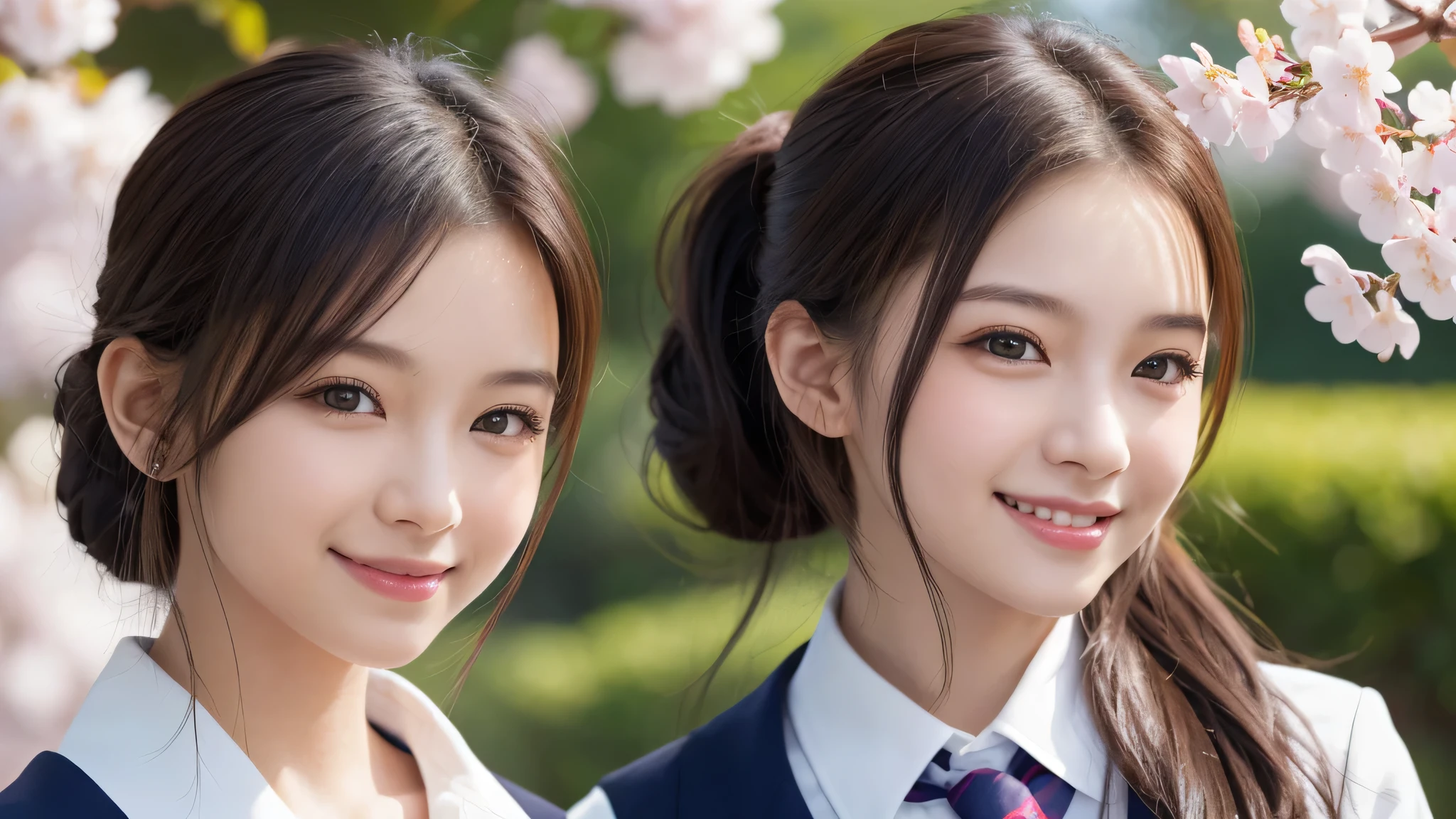 1girl, (The face of a princess, classy and dignified:1.2), (Best Quality:1.4), (Ultra-detailed), (extremely detailed beautiful face), Amazing face and eyes, (ponytail), cute smile, brown eyes, (highly detailed Beautiful face), (high school uniform:1.2), (extremely detailed CG unified 8k wallpaper), Highly detailed, High-definition raw color photos, Professional Photography, Realistic portrait, evening, Extremely high resolution, smiling, cherry blossoms,