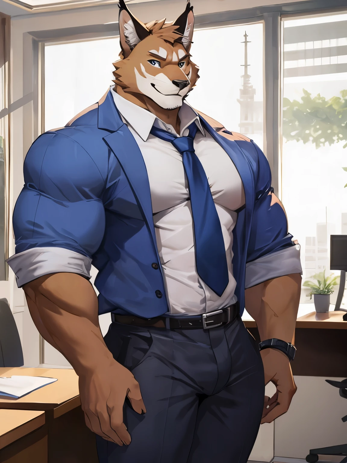 Caracal, good looking, male, anthro, ultradetailed, muscular, solo, bareness, rippling muscles, muscles, office background, tail, smile, big pecs, looking at viewer, white t-shirt, tie, pants, bara, big butt, big muscles,