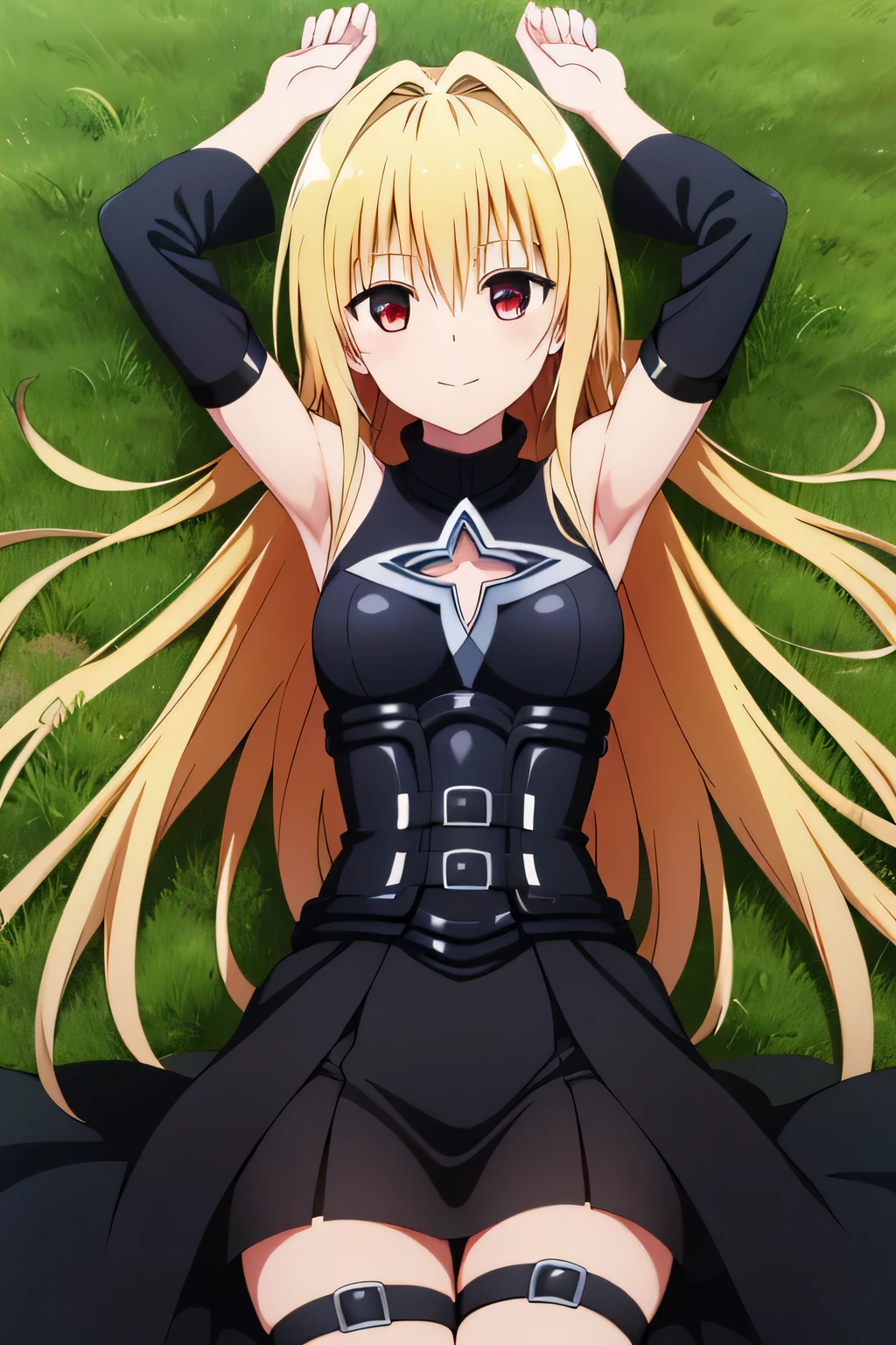 masterpiece, best quality, highres, aayami, very long hair, two side up, hair ornament, bare shoulders, black dress, clothing cutout, detached sleeves, belt, thigh strap, closed mouth, solo, spread arms, arms up, smile, lying, on back, on grass, expressionless, looking at viewer, solo, in the center, (cowboy shot: 1.3), high quality,