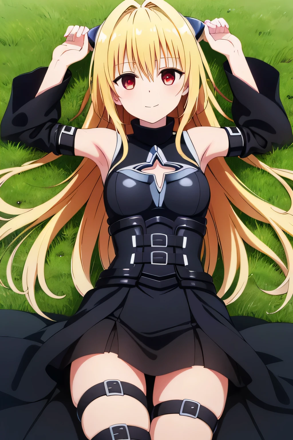 masterpiece, best quality, highres, aayami, very long hair, two side up, hair ornament, bare shoulders, black dress, clothing cutout, detached sleeves, belt, thigh strap, closed mouth, solo, spread arms, arms up, smile, lying, on back, on grass, expressionless, looking at viewer, solo, in the center, (cowboy shot: 1.3), high quality,