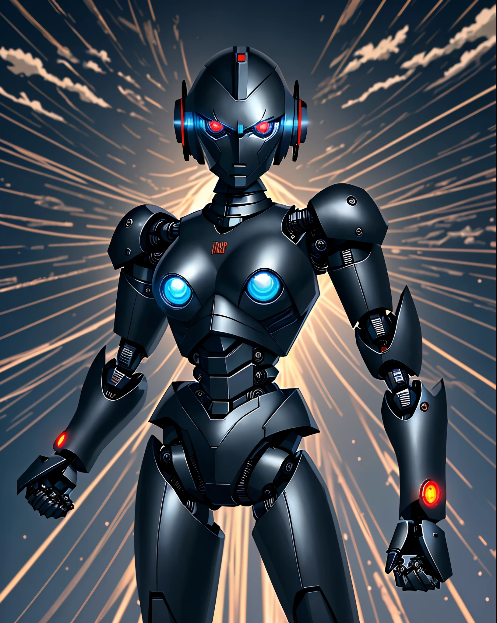 Background is evening, black iron robot, doll robot, high performance, high quality, armed, sharp armed, sky in the background,