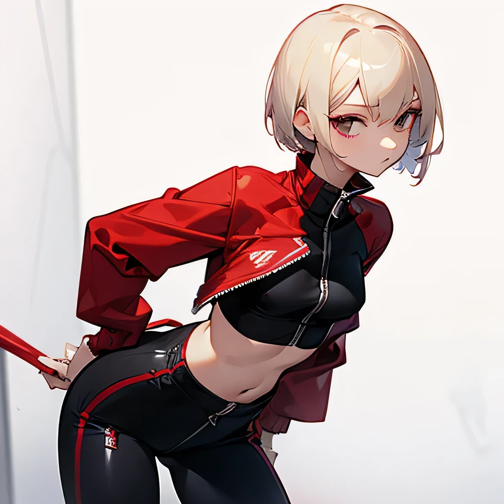 girl、I&#39;m trying to pull down the zipper and take off my clothes.、look of temptation、slender body、off shoulder outfit，small breasts，cream short hair，sports、red “Tracksuit”、crop top design、zip up、black tights、changing room background、